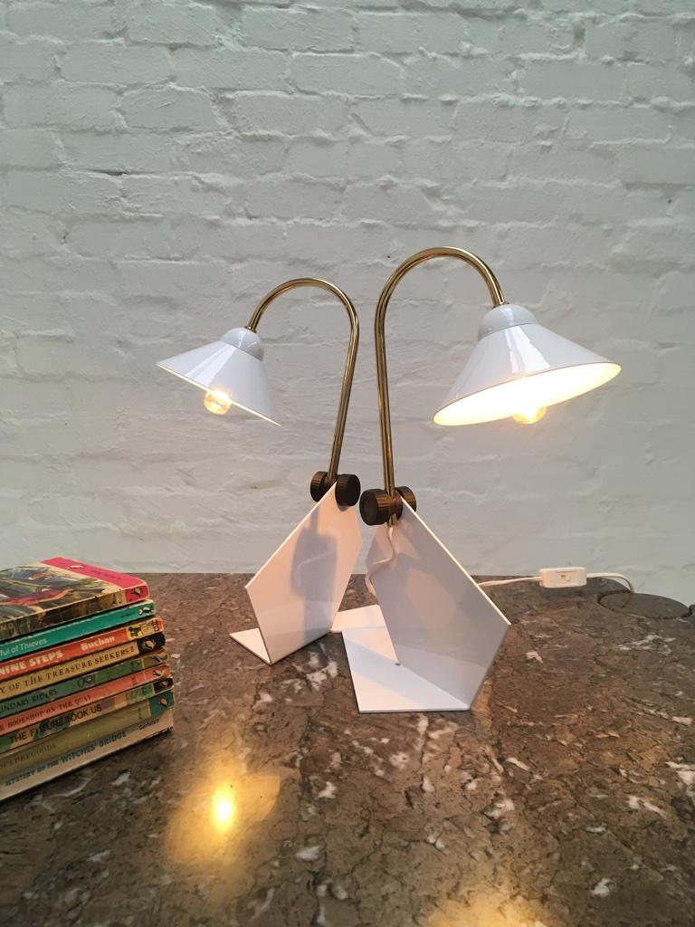 Pair of Italian 1990s Memphis Style Small White Metal Bedside Wall or Desk Lamps 2