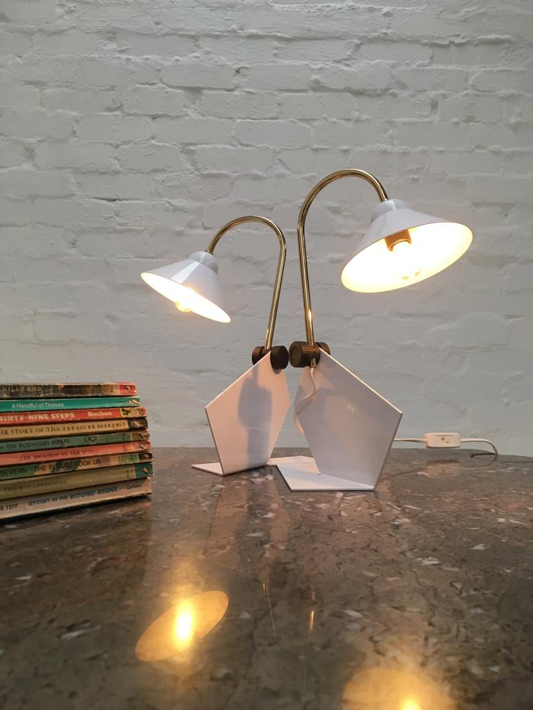 Pair of Italian 1990s Memphis Style Small White Metal Bedside Wall or Desk Lamps 3