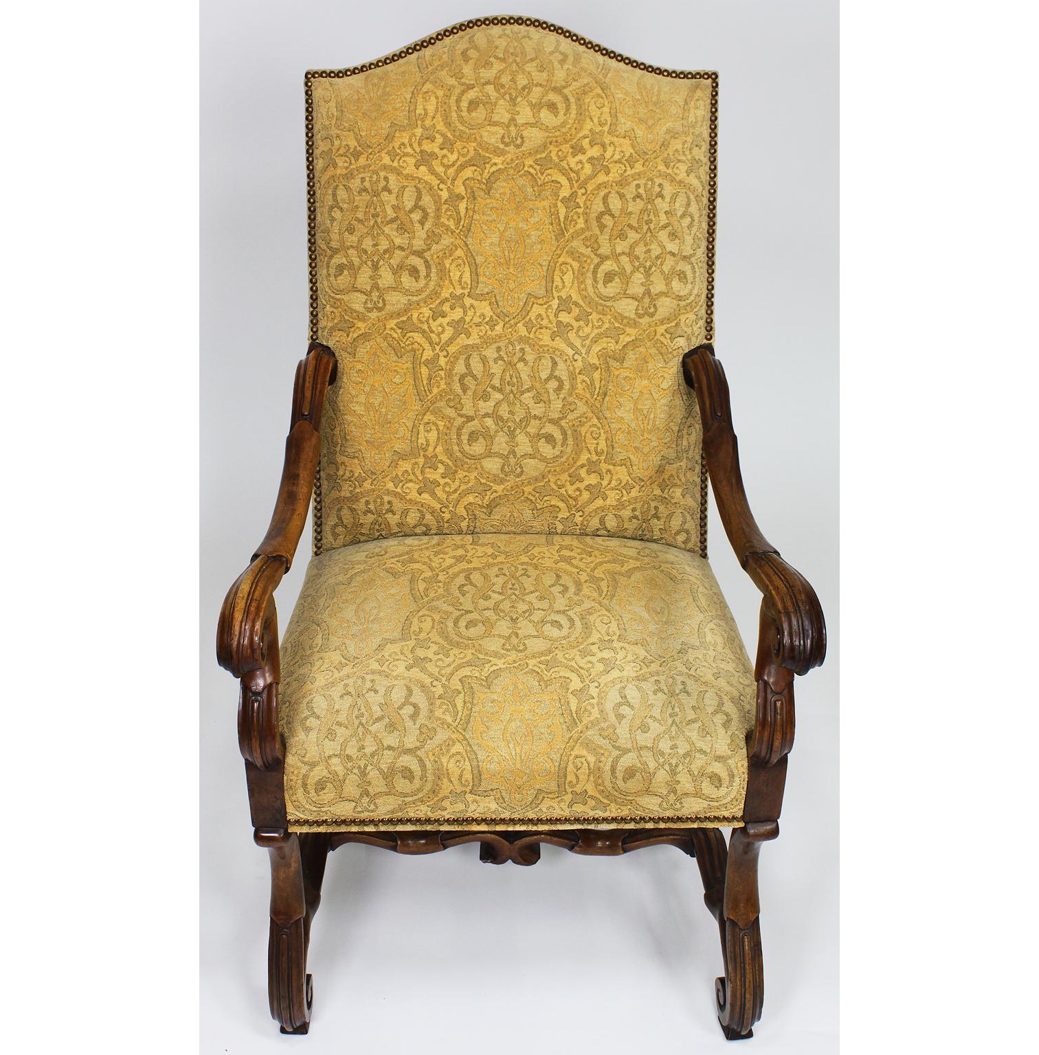 Hand-Carved Pair of 19th Century Baroque Revival Style Carved Walnut Throne Armchairs For Sale