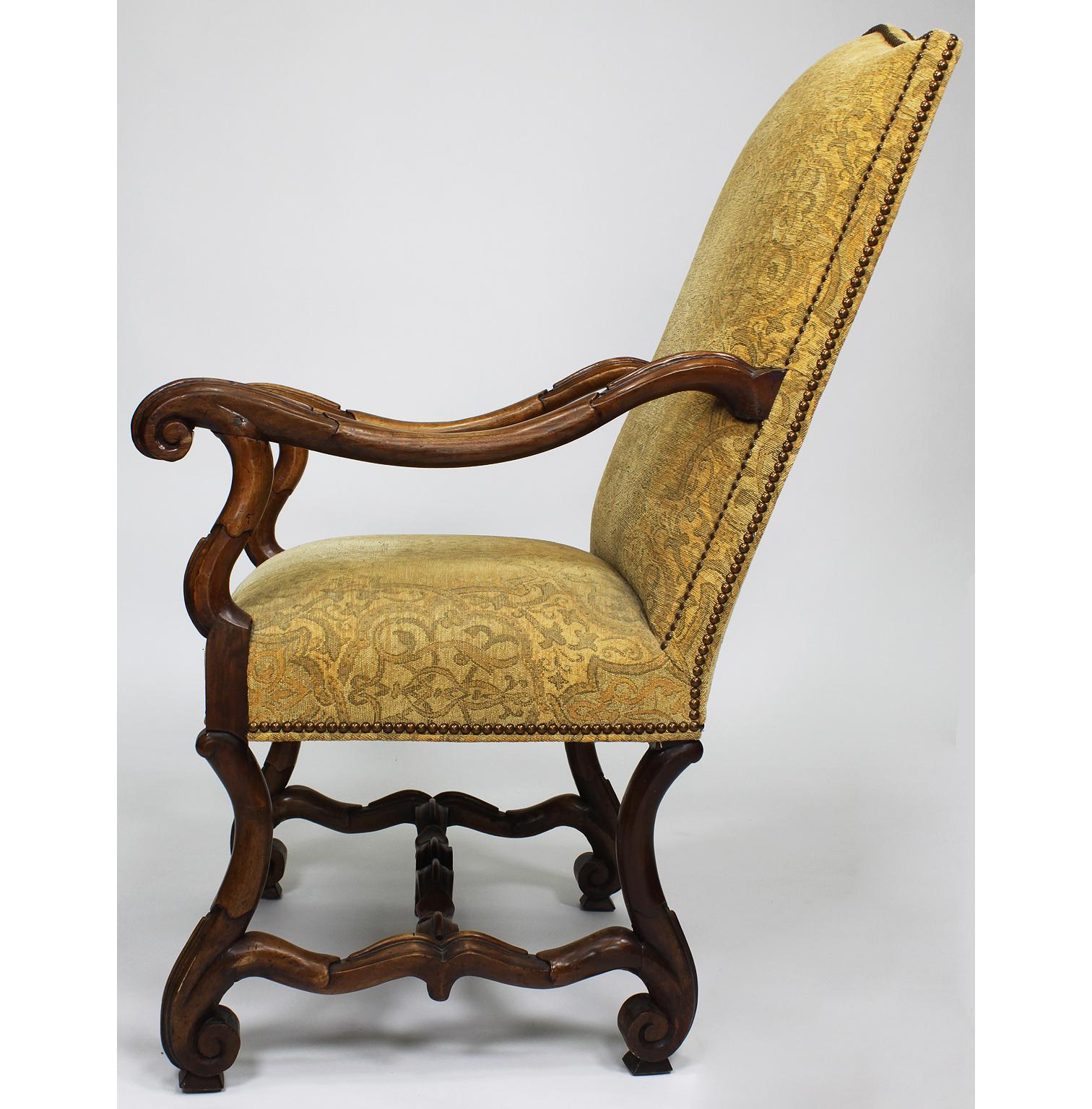 Fabric Pair of 19th Century Baroque Revival Style Carved Walnut Throne Armchairs For Sale