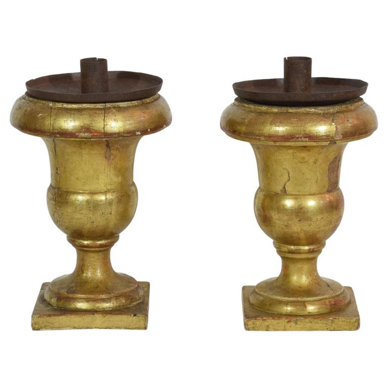 Pair Italian 19th Century Carved Giltwood Medici Vase Candleholders For Sale