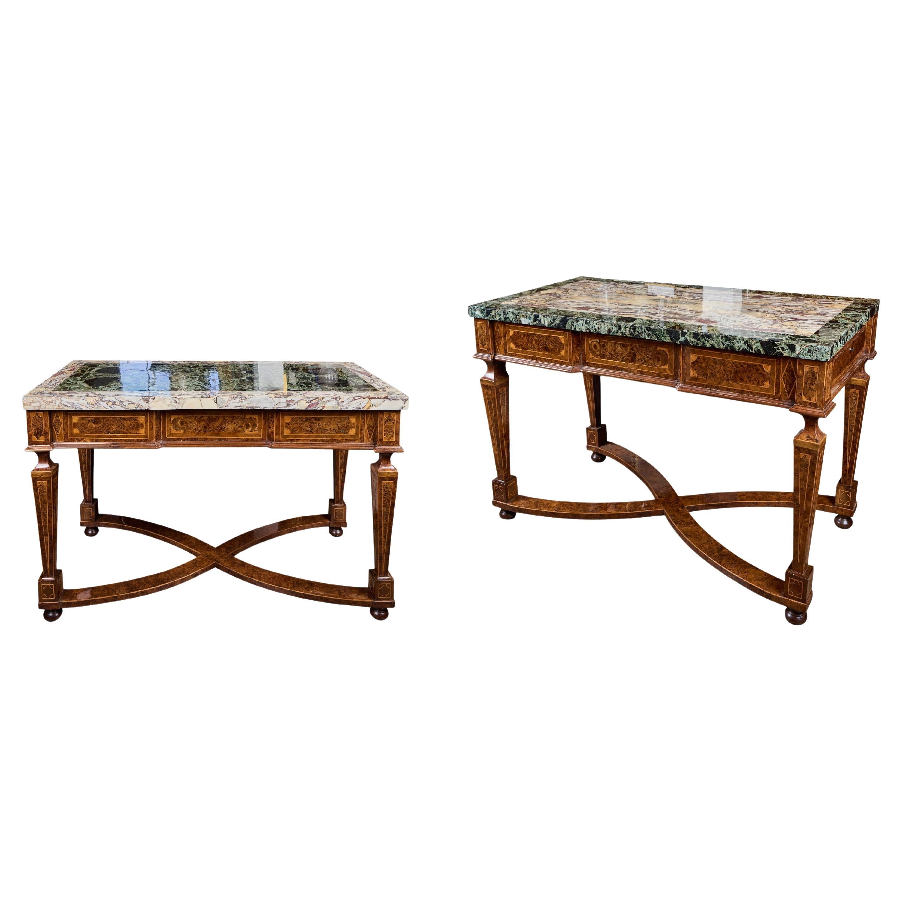 Pair Italian 19th Century Inlaid Consoles with Marble Tops For Sale