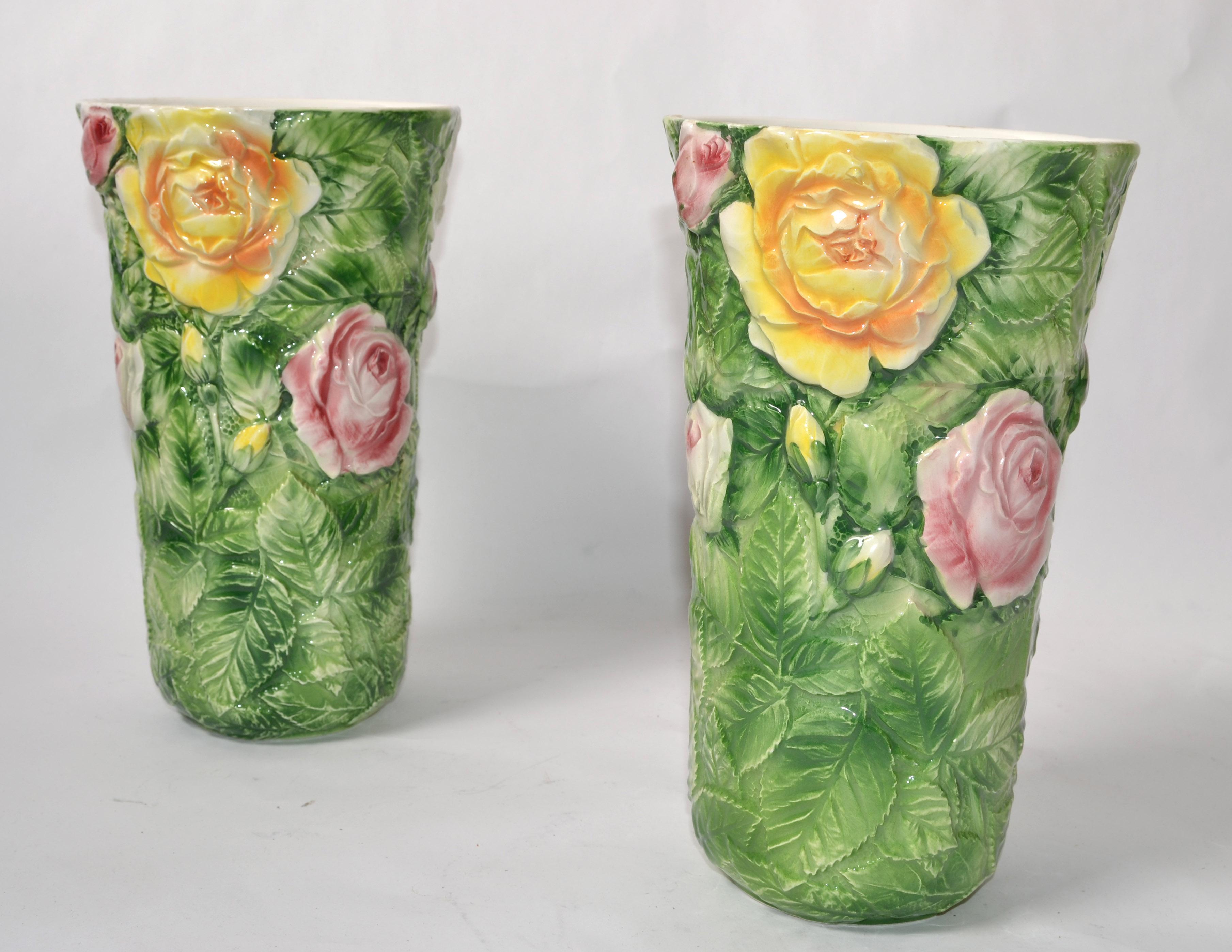 Pair, Italian 3D Majolica Floral Vases Roses Green Pink Yellow Hand Painted For Sale 3