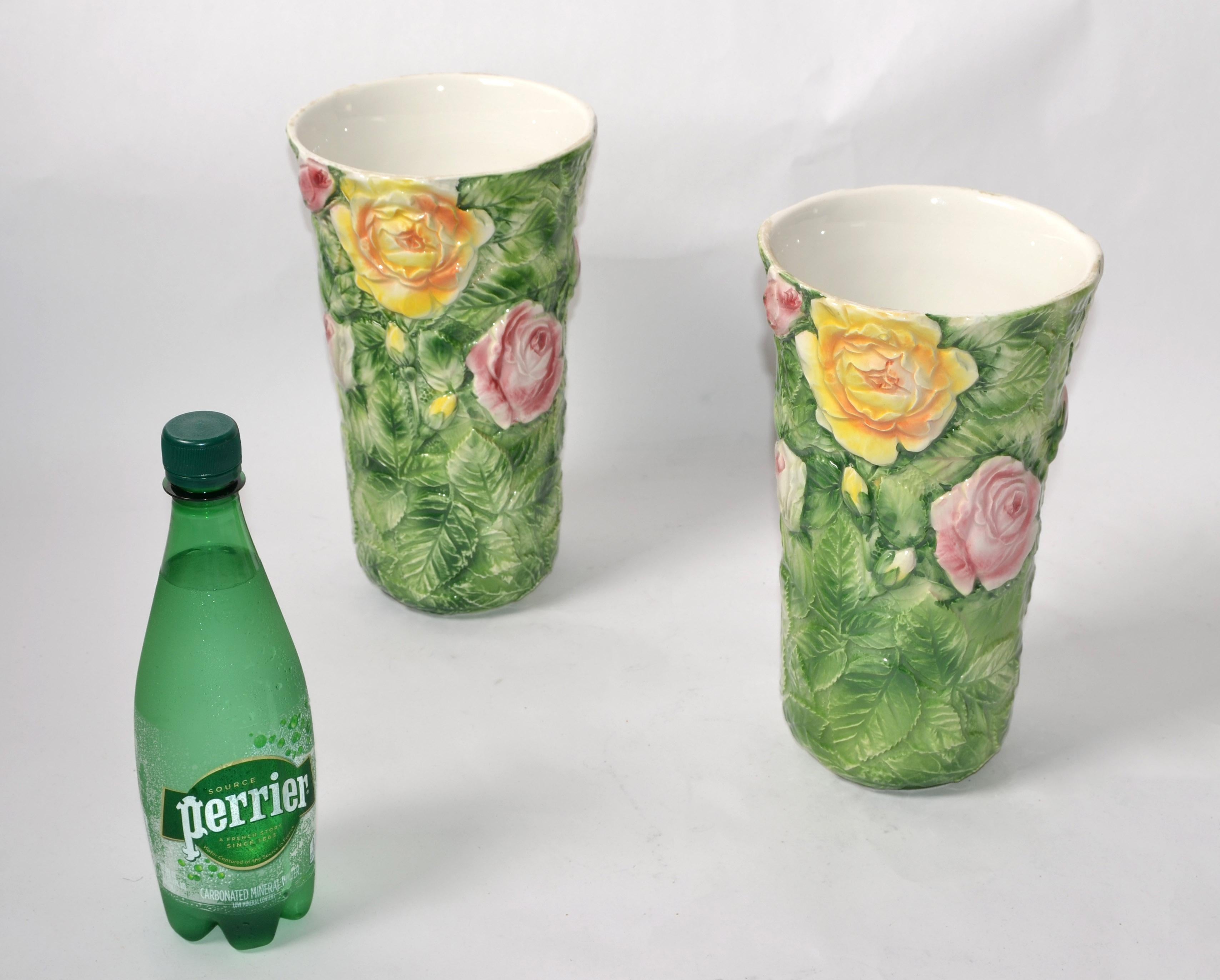 Pair, Italian 3D Majolica Floral Vases Roses Green Pink Yellow Hand Painted For Sale 5