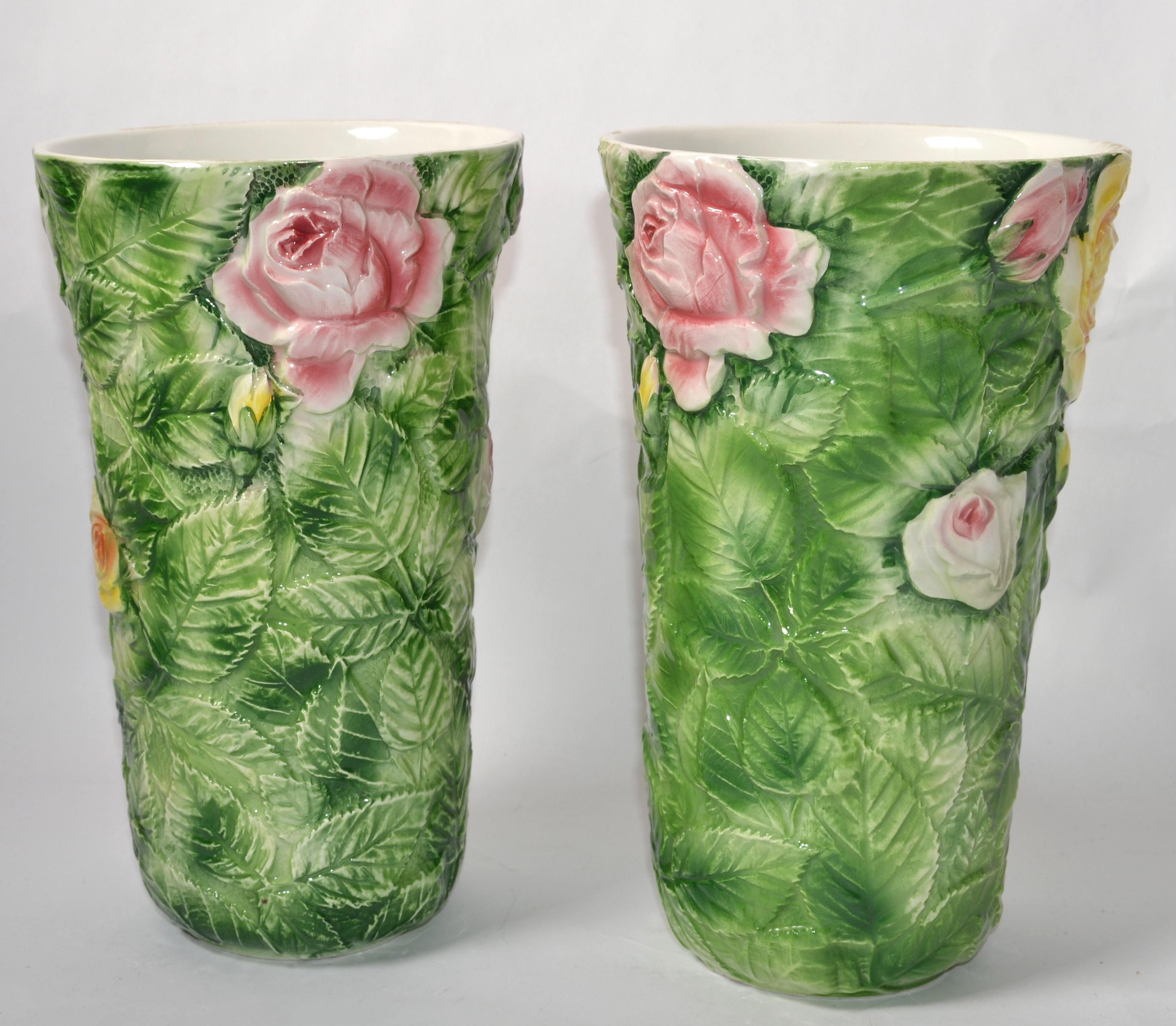 Pair, Italian 3D Majolica Floral Vases Roses Green Pink Yellow Hand Painted For Sale 6