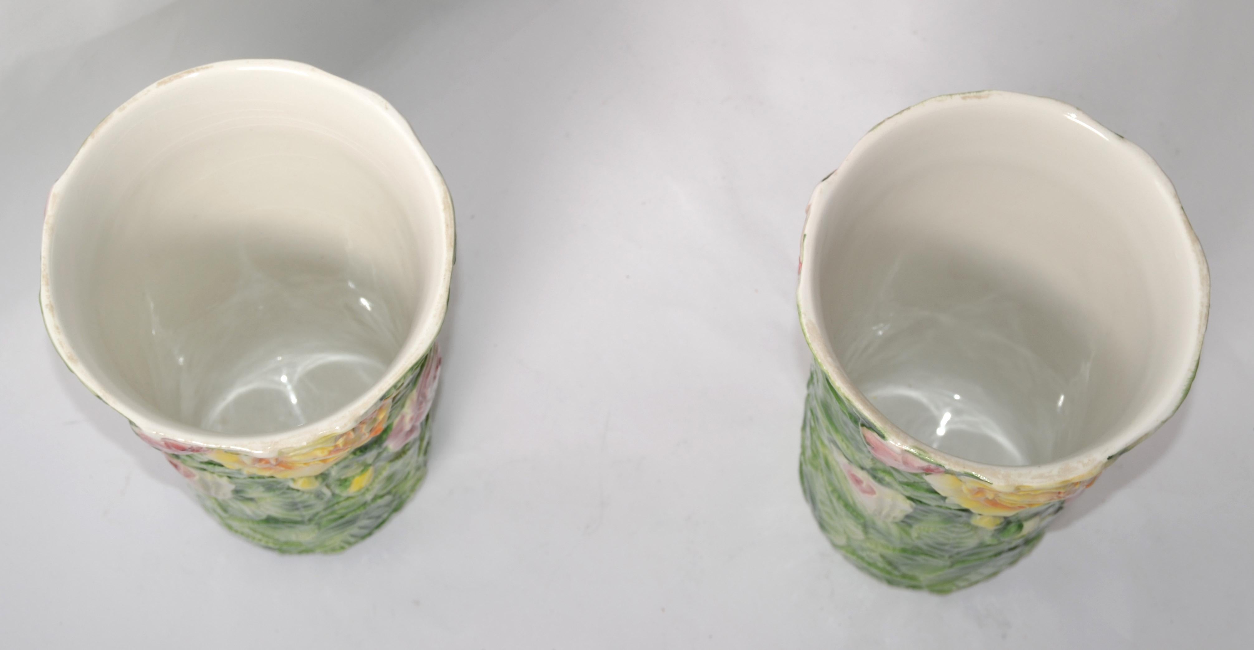 Pair, Italian 3D Majolica Floral Vases Roses Green Pink Yellow Hand Painted For Sale 7