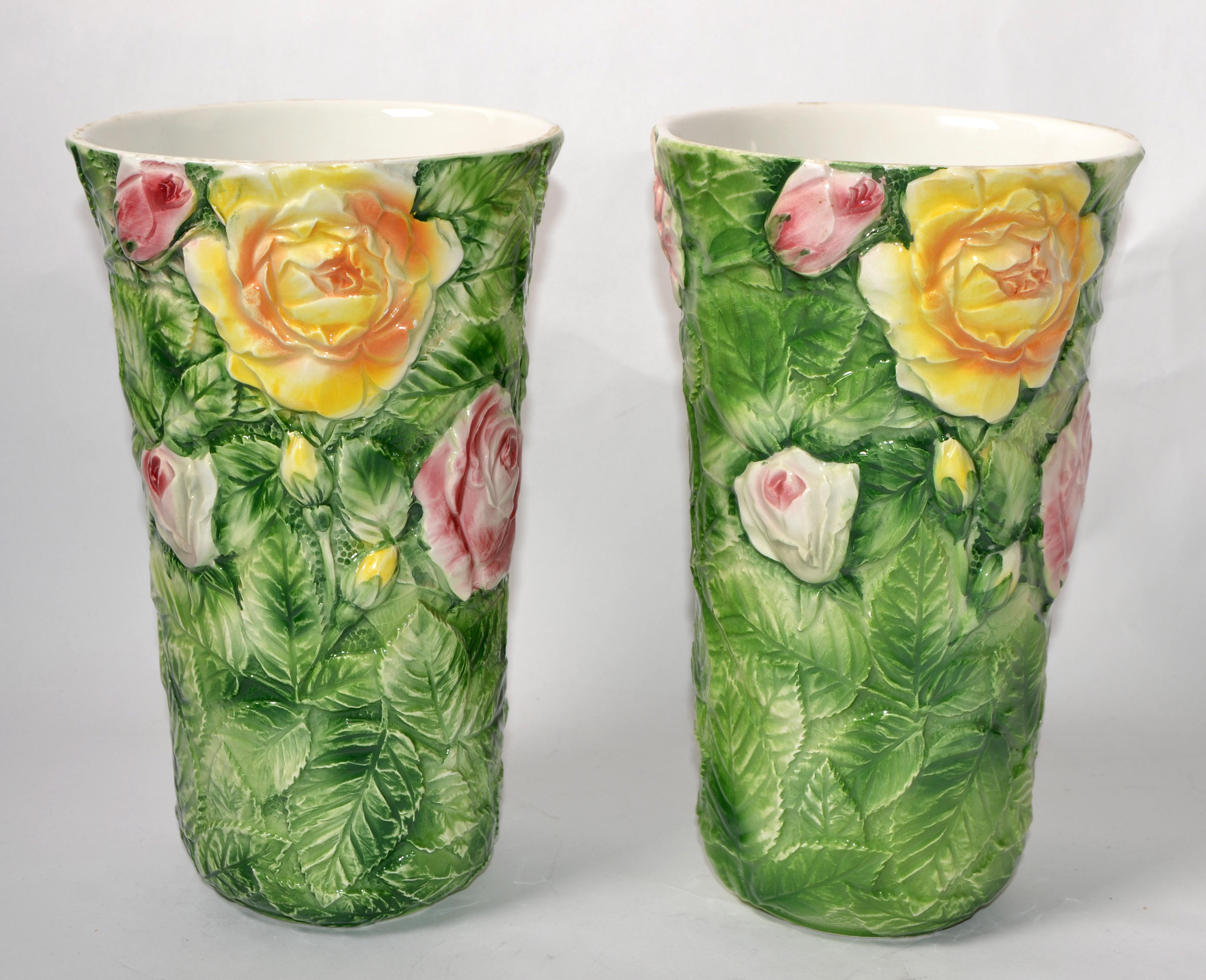 Pair, Italian 3D Majolica Floral Vases Roses Green Pink Yellow Hand Painted For Sale 11
