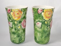 Pair, Italian 3D Majolica Floral Vases Roses Green Pink Yellow Hand Painted