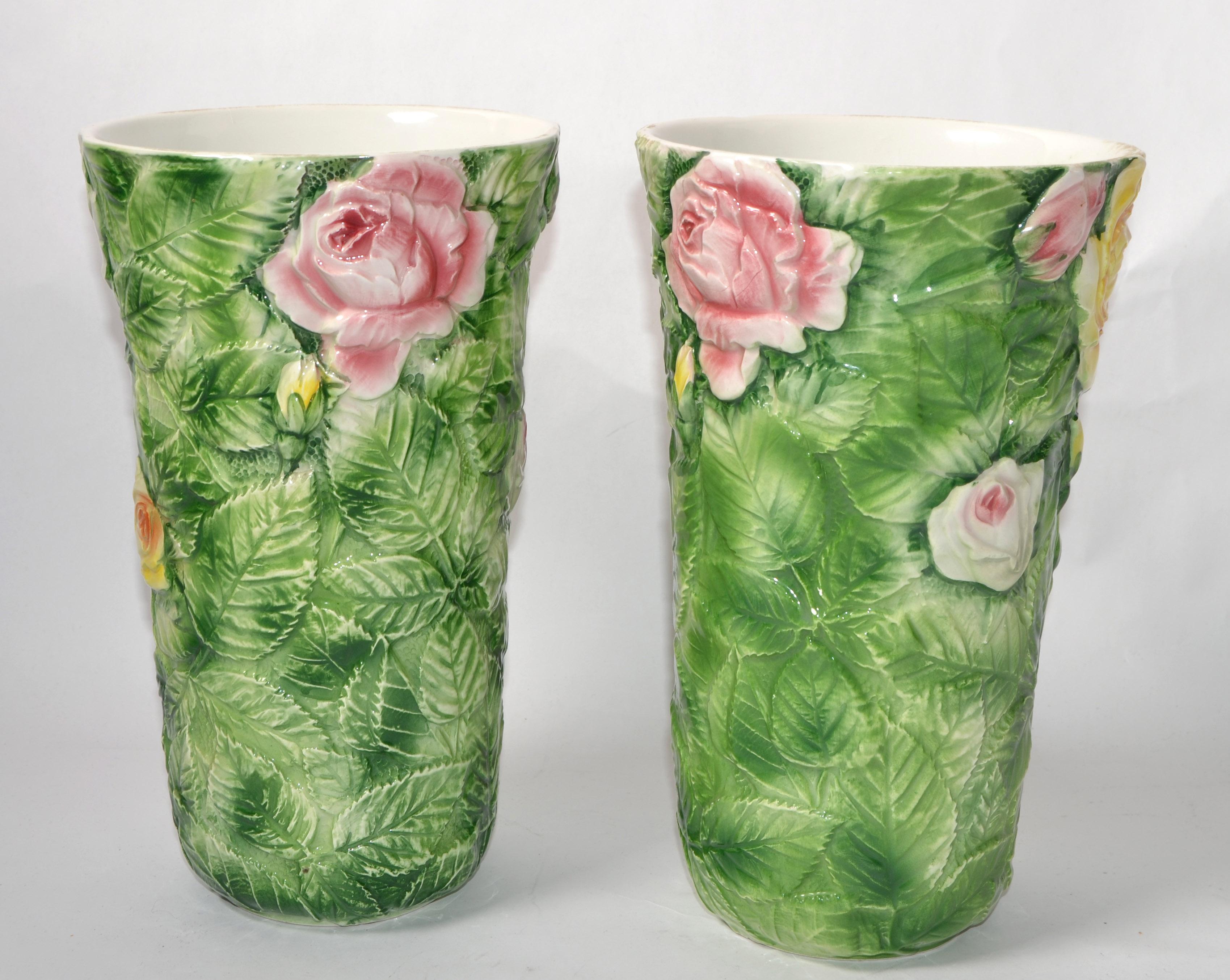 Mid-Century Modern Pair, Italian 3D Majolica Floral Vases Roses Green Pink Yellow Hand Painted For Sale