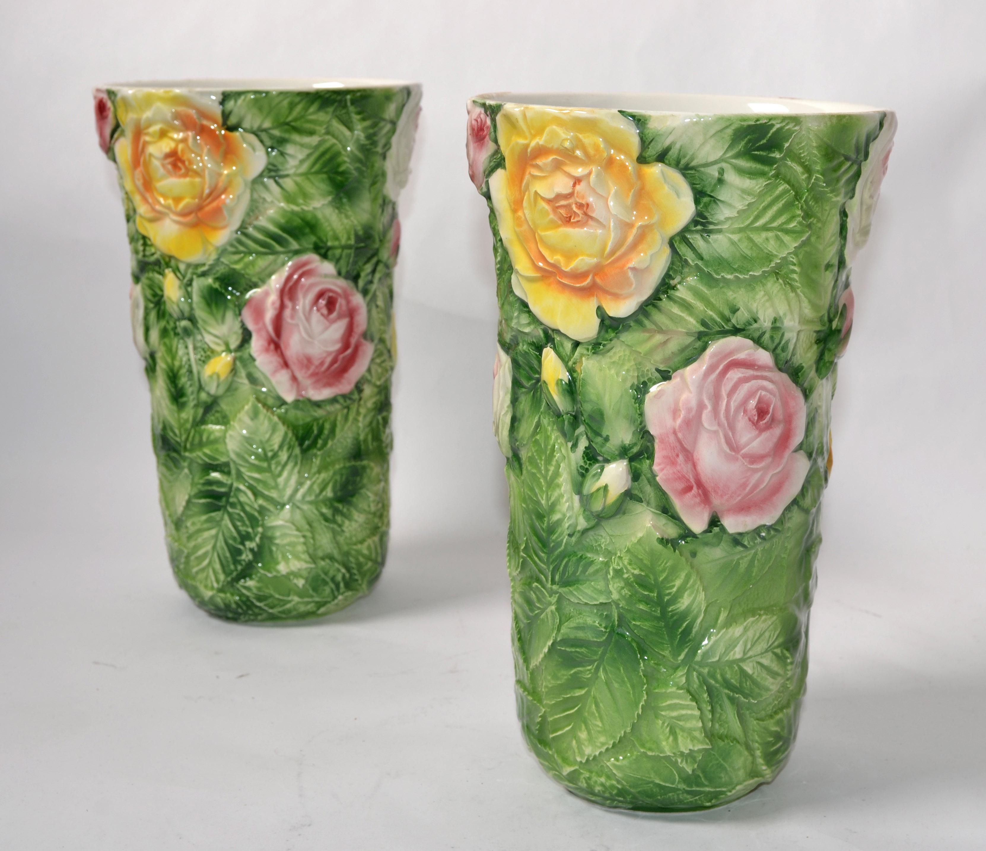 Hand-Painted Pair, Italian 3D Majolica Floral Vases Roses Green Pink Yellow Hand Painted For Sale
