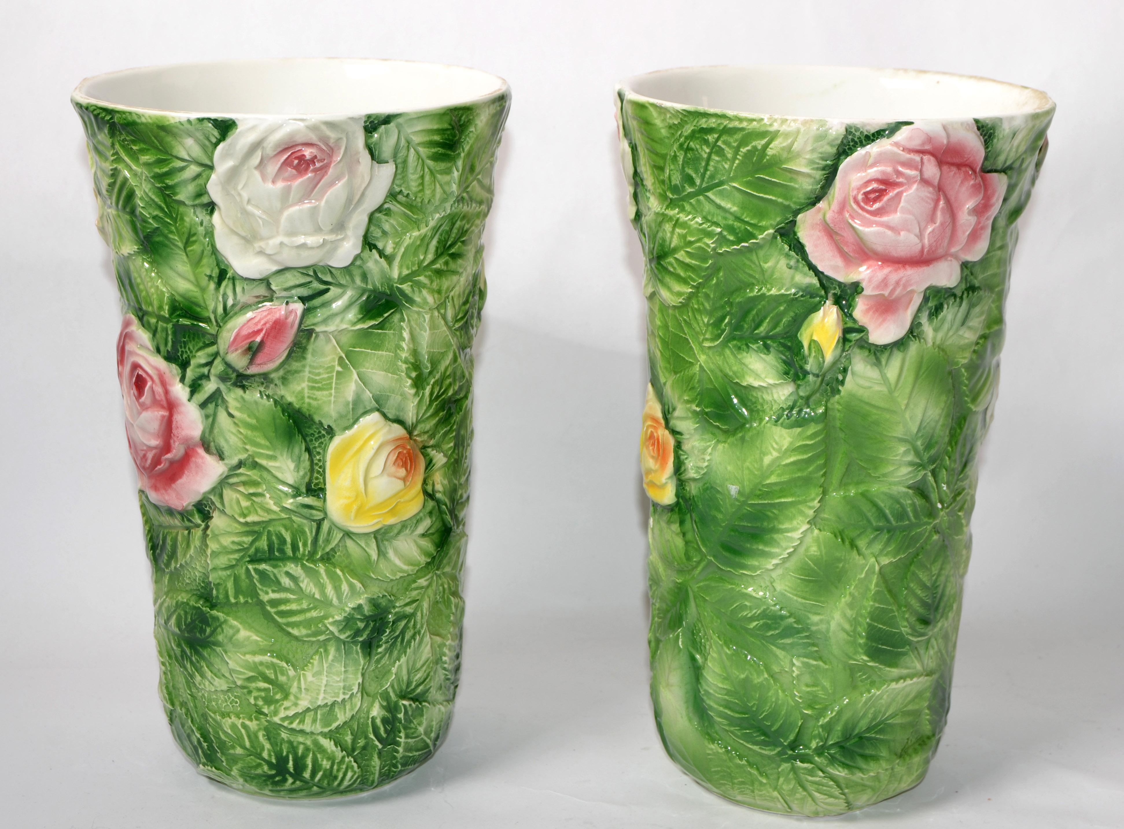 Pair, Italian 3D Majolica Floral Vases Roses Green Pink Yellow Hand Painted In Good Condition For Sale In Miami, FL