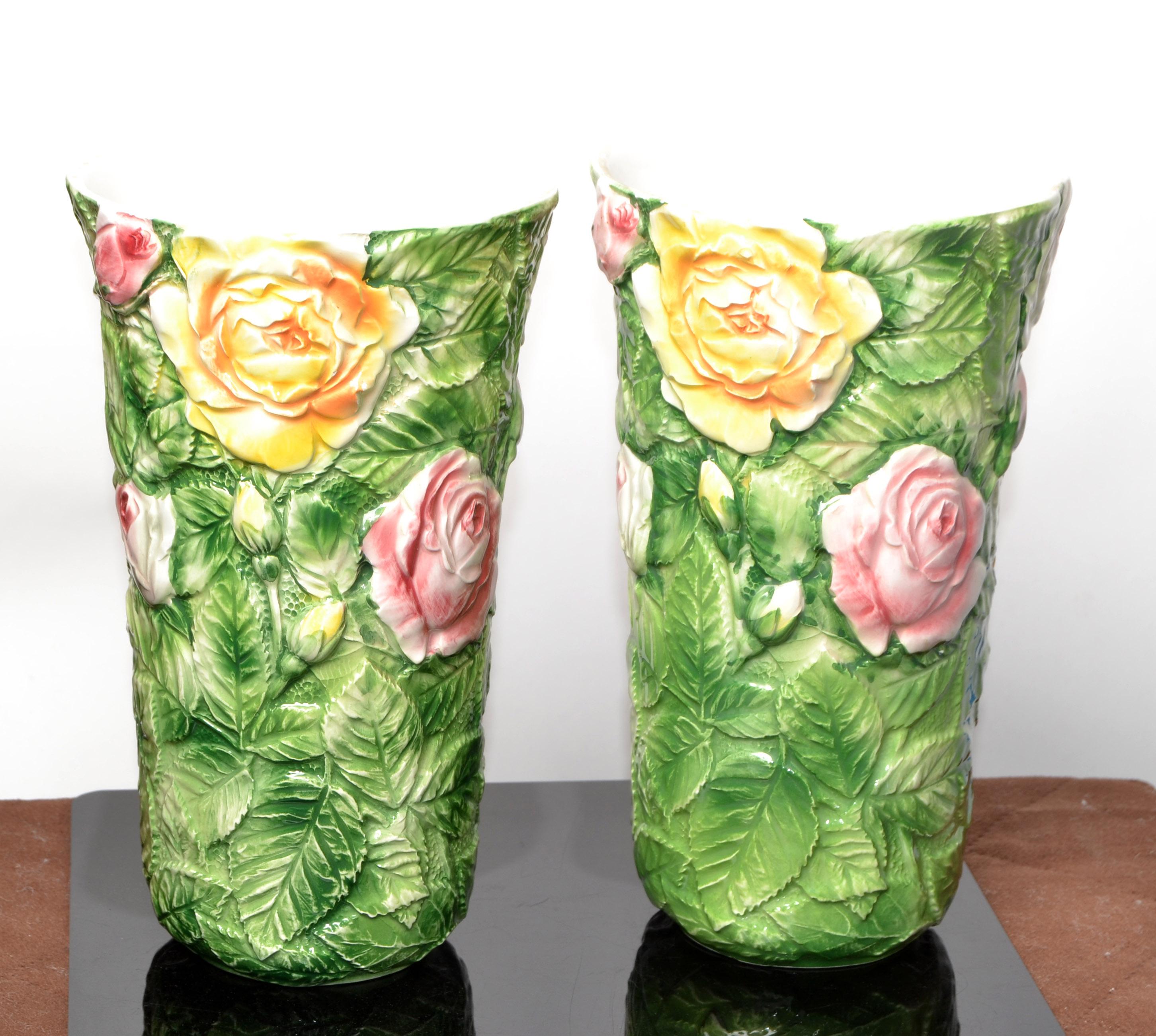 20th Century Pair, Italian 3D Majolica Floral Vases Roses Green Pink Yellow Hand Painted For Sale
