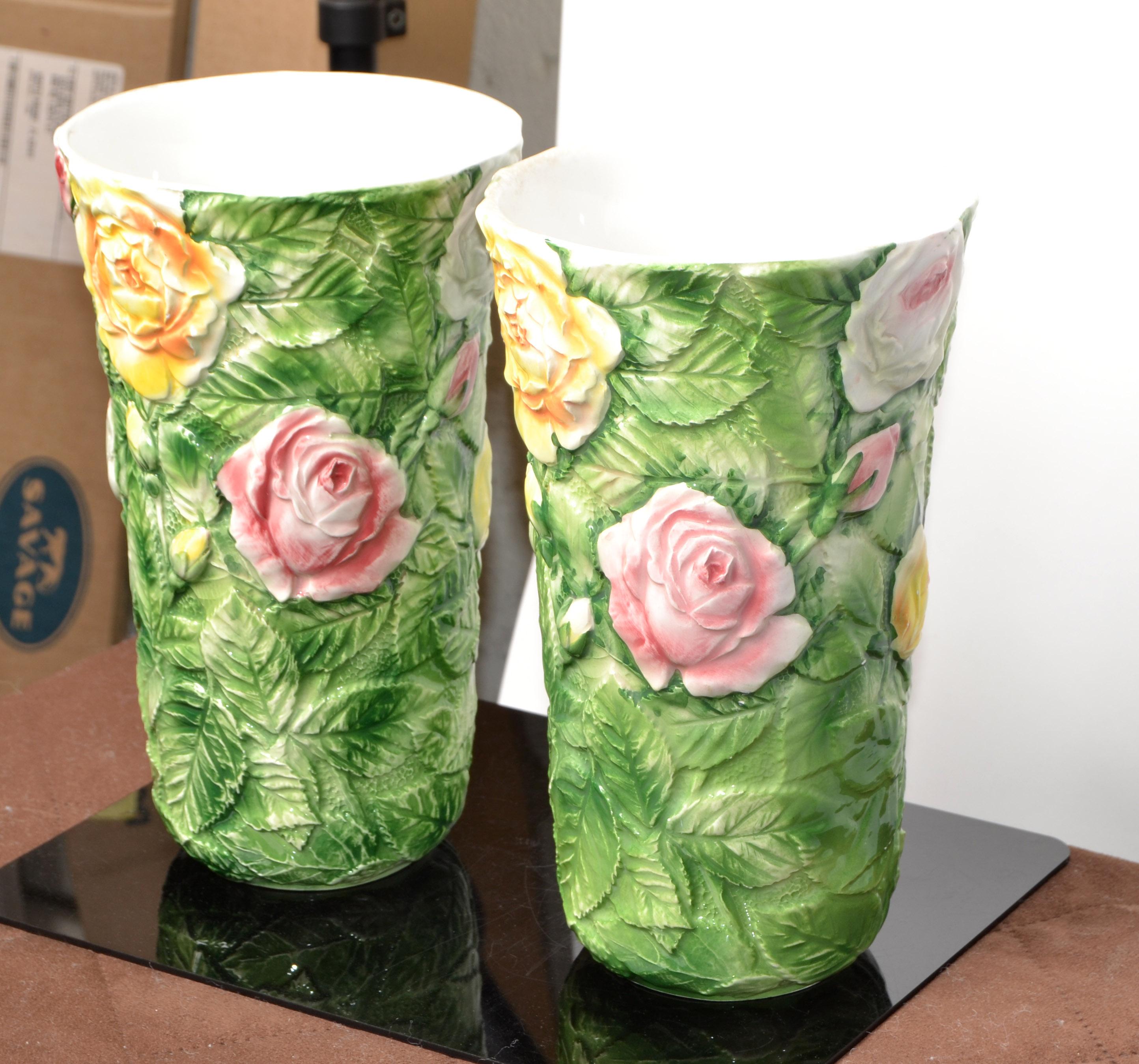 Ceramic Pair, Italian 3D Majolica Floral Vases Roses Green Pink Yellow Hand Painted For Sale