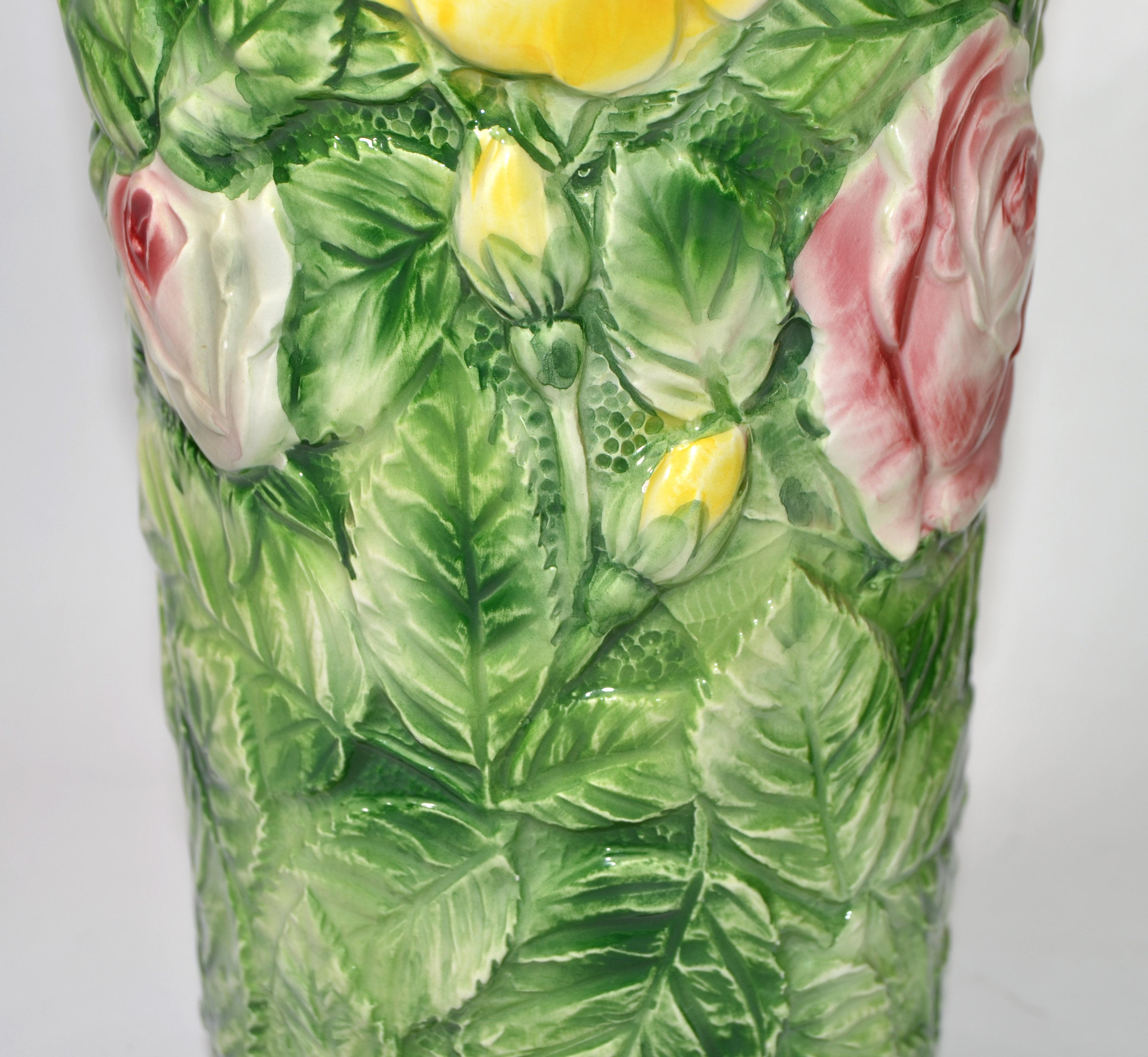 Pair, Italian 3D Majolica Floral Vases Roses Green Pink Yellow Hand Painted For Sale 2