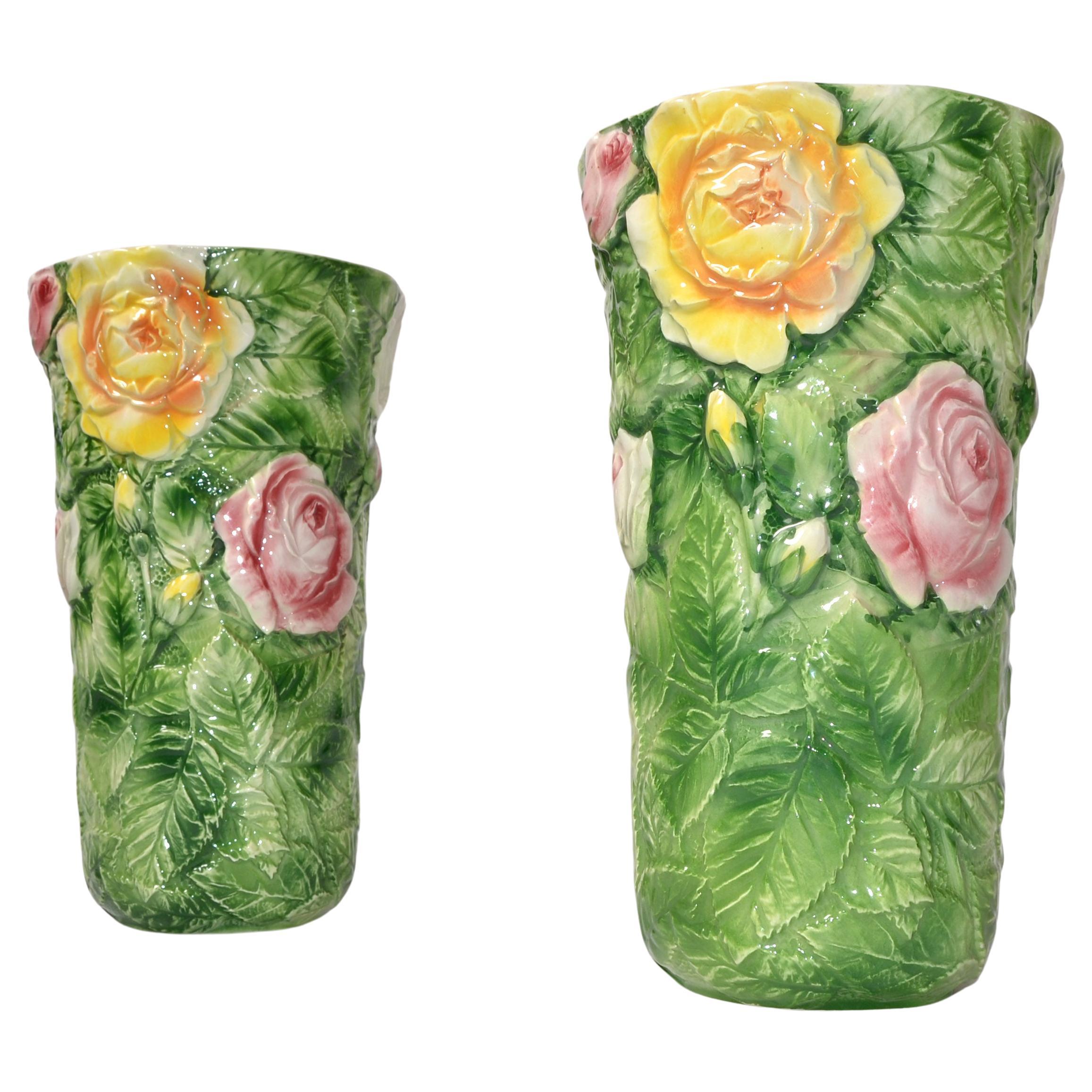 Pair, Italian 3D Majolica Floral Vases Roses Green Pink Yellow Hand Painted For Sale