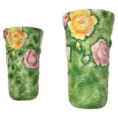 Vintage Pair, Italian 3D Majolica Floral Vases Roses Green Pink Yellow Hand Painted