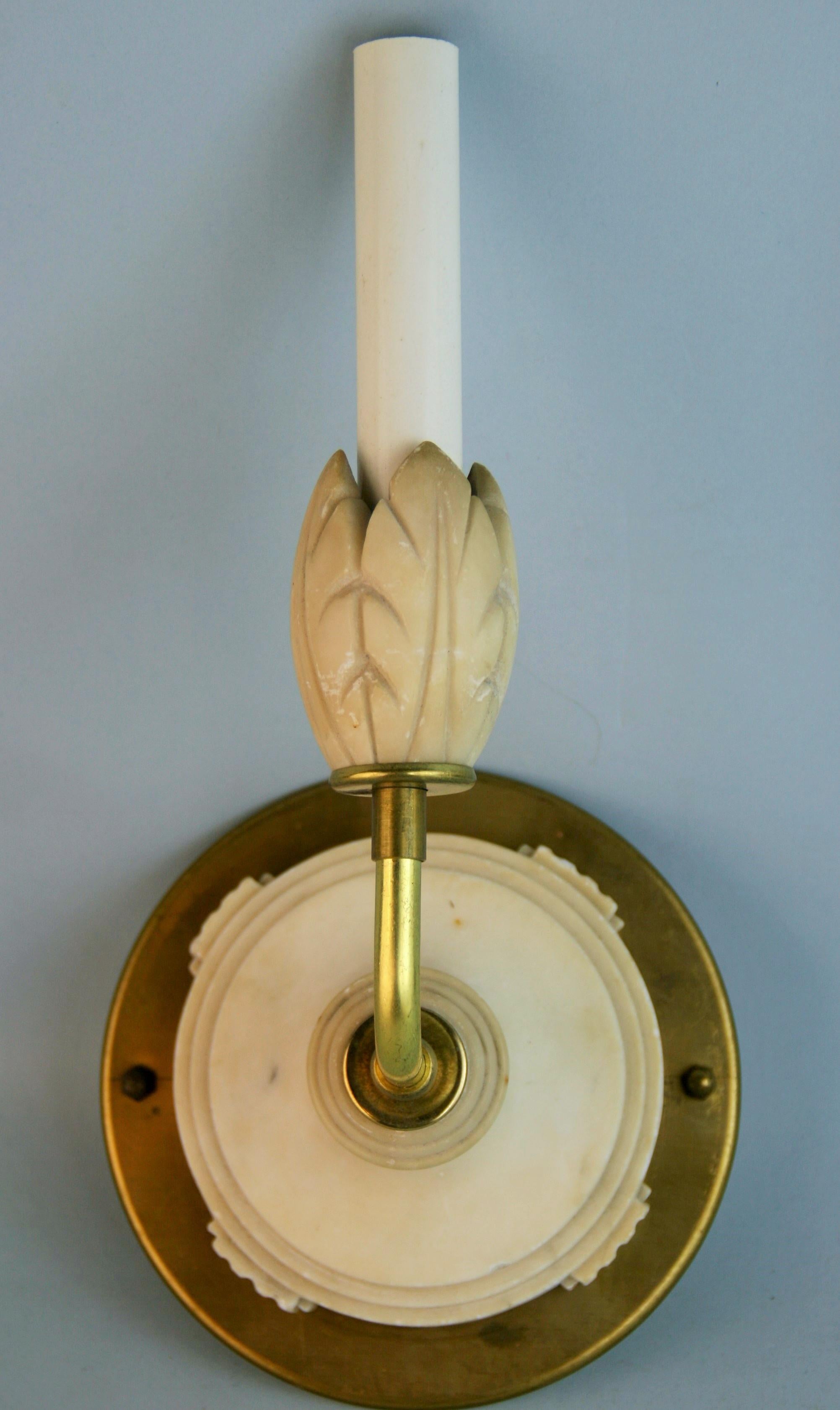 1425 Pair hand crafted Italian alabaster and brass wall sconces circa 1940's
Rewired 
Takes on 60 watt candelabra base bulb