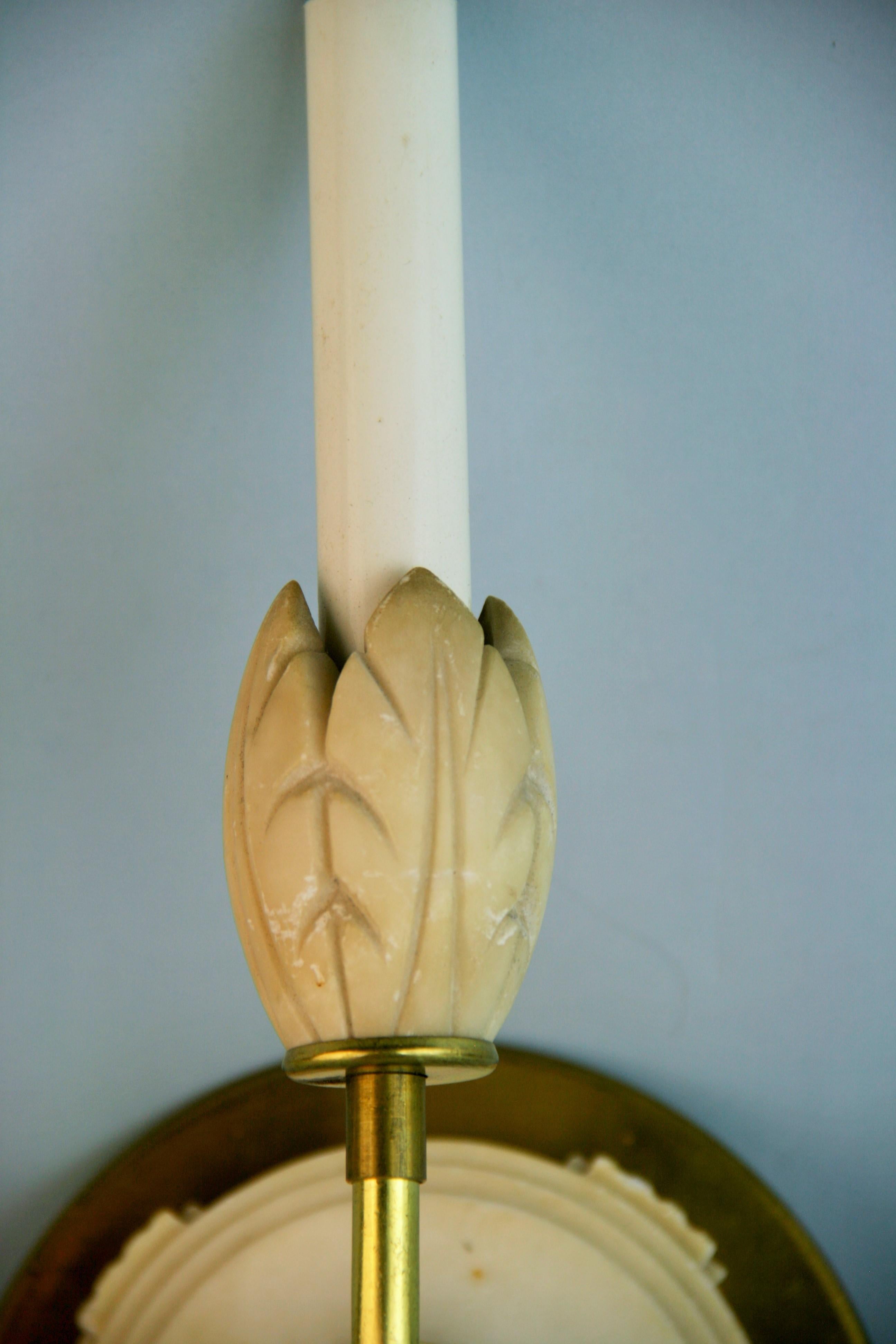 Mid-20th Century Pair Italian Alabaster and Brass Flower Wall Sconces Circa 1940's For Sale
