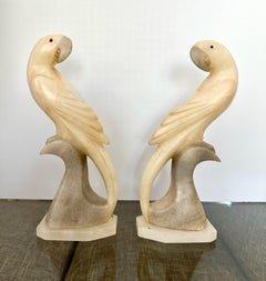Pair Italian Alabaster Parrot Bird Sculptures - mid century