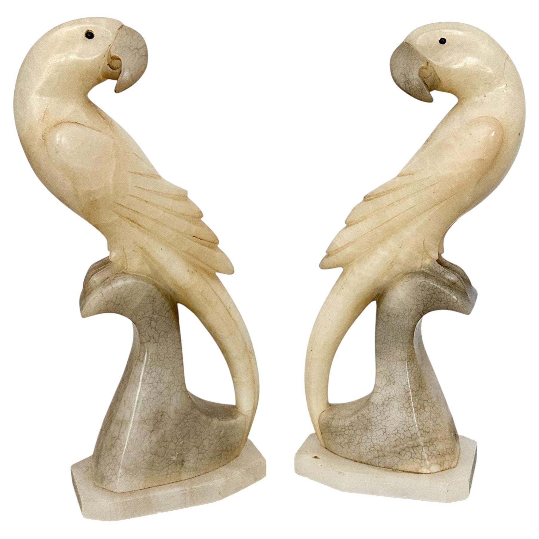 Pair Italian Alabaster Parrot Bird Sculptures - mid century