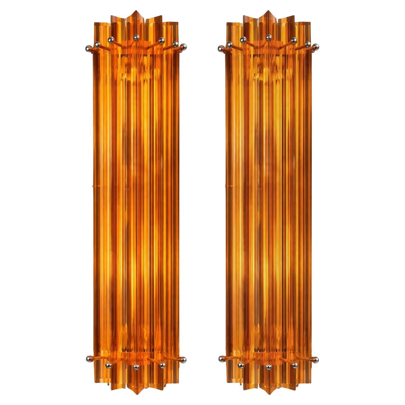 Pair Italian Amber Wall Sconces, Venini Style Murano, 1990s