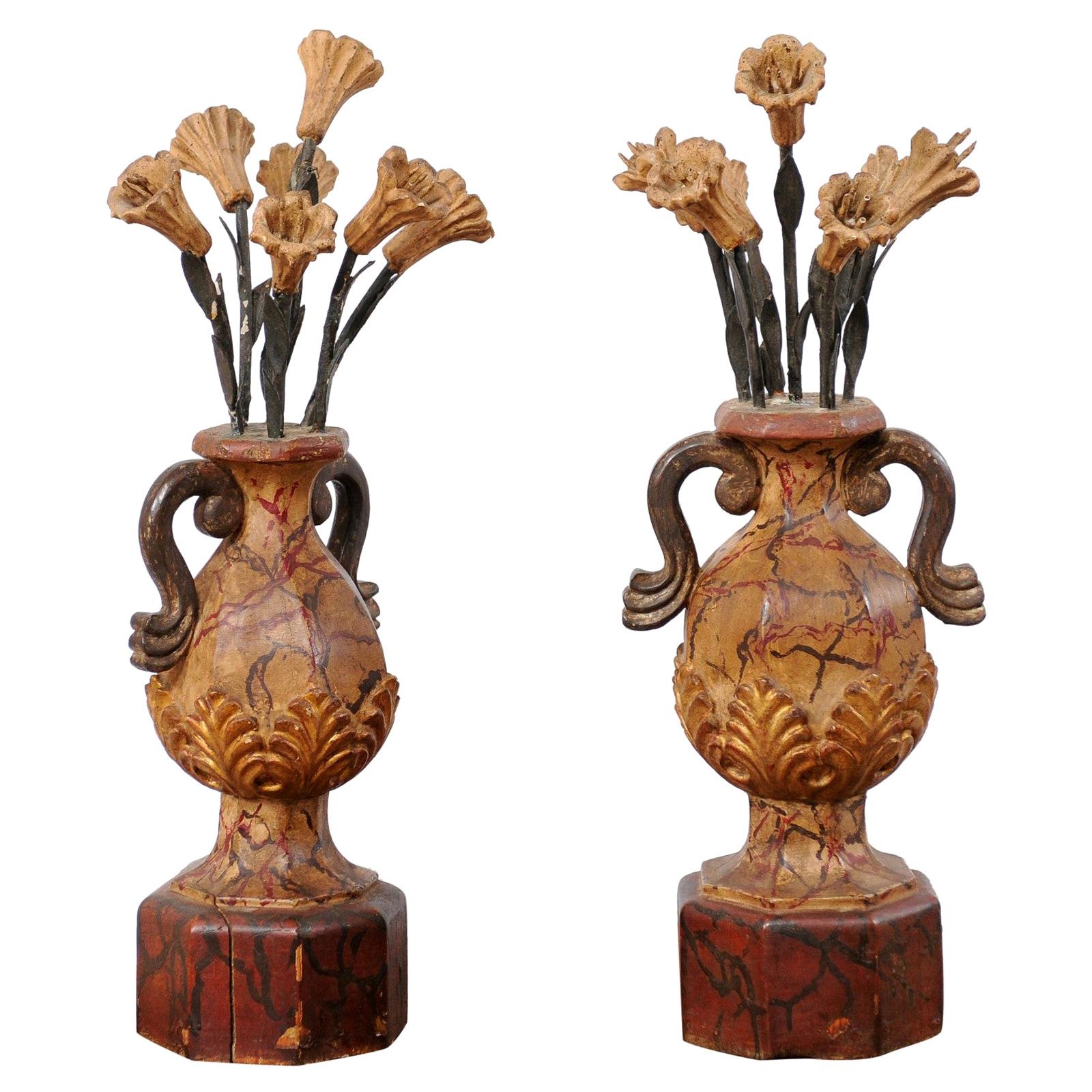 Pair of Italian Antique Carved-Wood Bouquet Urns with Polychrome Finish