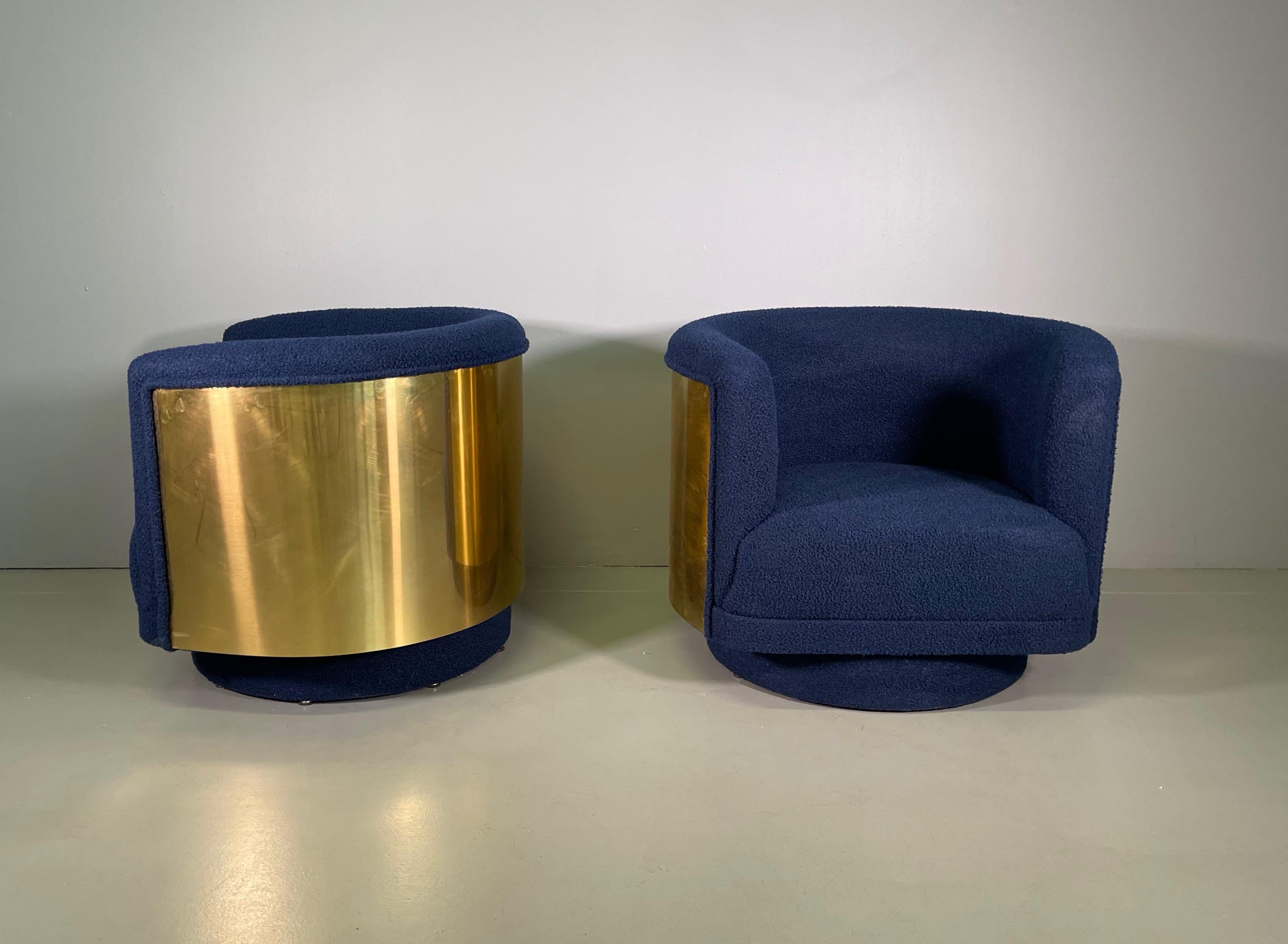Pair Italian Armchair in Brass and Blue Wool Bouclé Fabric For Sale 2