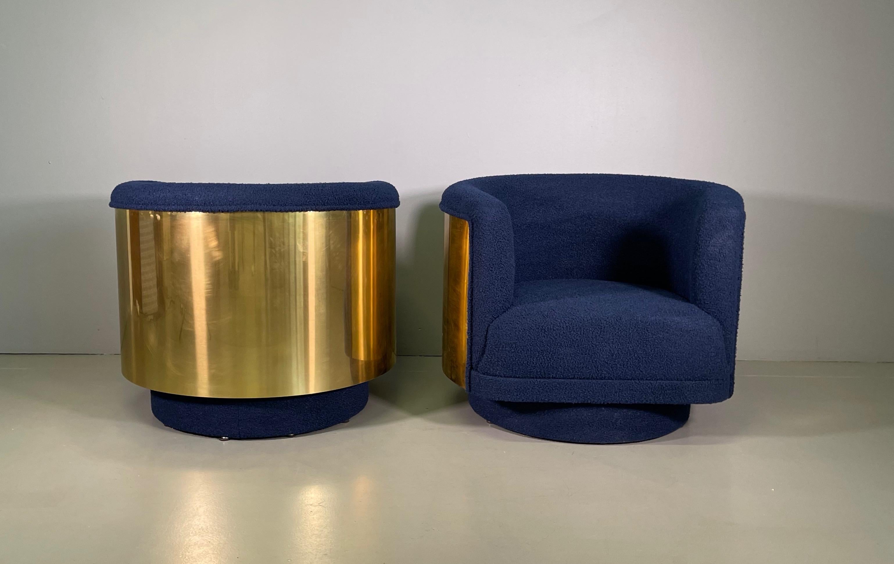 Pair Italian Armchair in Brass and Blue Wool Bouclé Fabric For Sale 3
