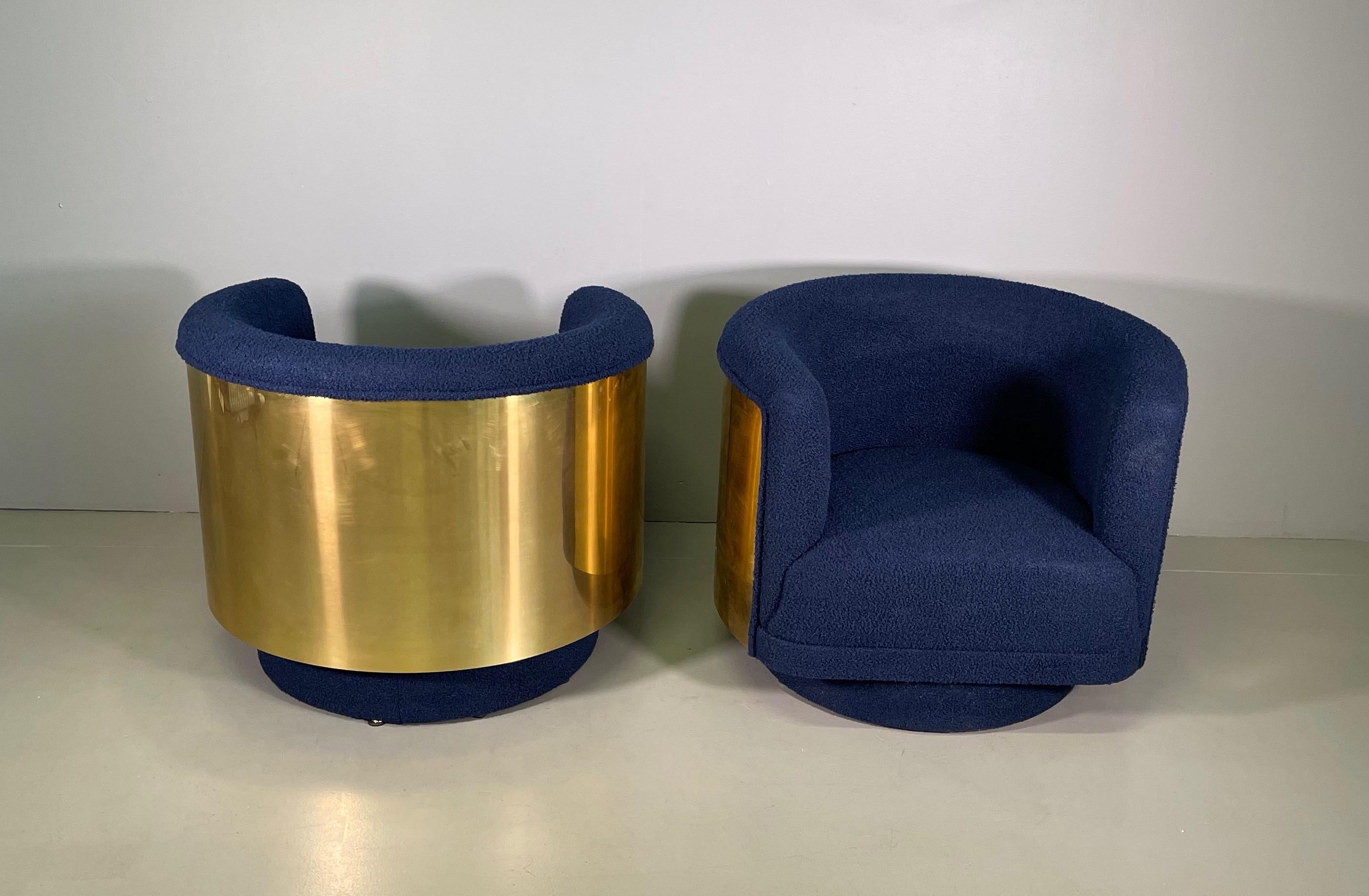 Pair Italian Armchair in Brass and Blue Wool Bouclé Fabric For Sale 5
