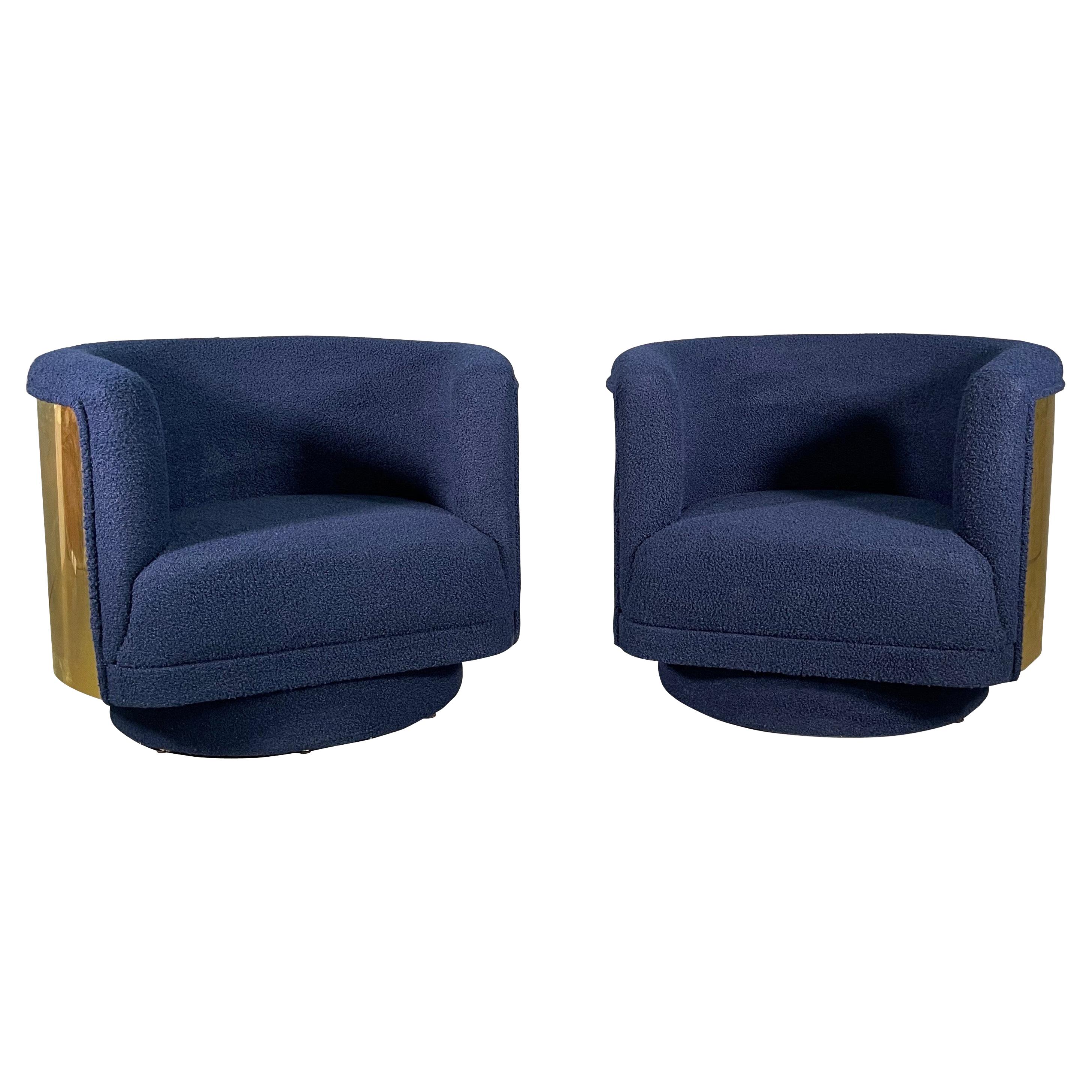 Pair Italian Armchair in Brass and Blue Wool Bouclé Fabric For Sale