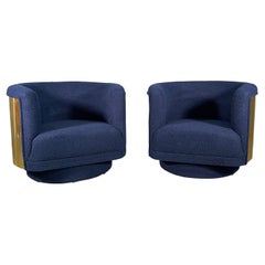 Pair Italian Armchair in Brass and Blue Wool Bouclé Fabric