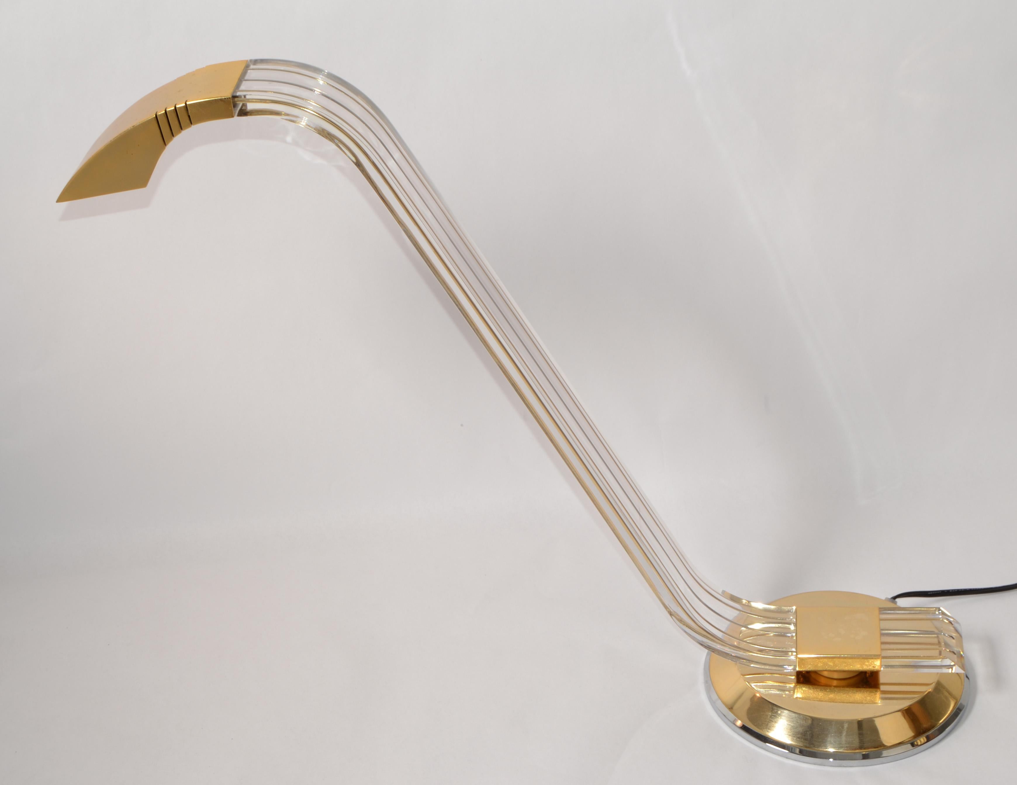 Pair Italian Arredoluce Style Mid-Century Modern Swing Brass Lucite Table Lamps  For Sale 4