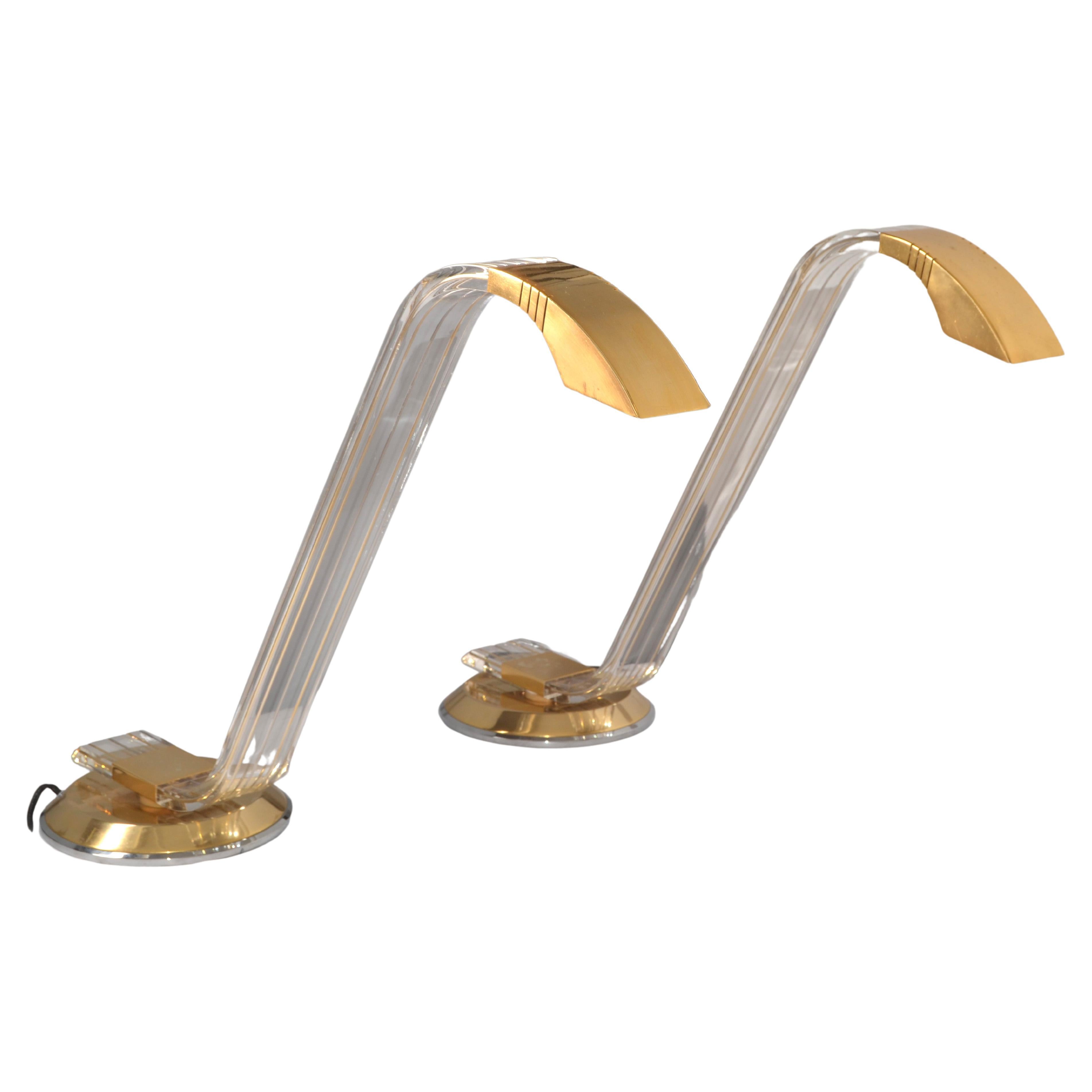 Pair Italian Arredoluce Style Mid-Century Modern Swing Brass Lucite Table Lamps  For Sale 12
