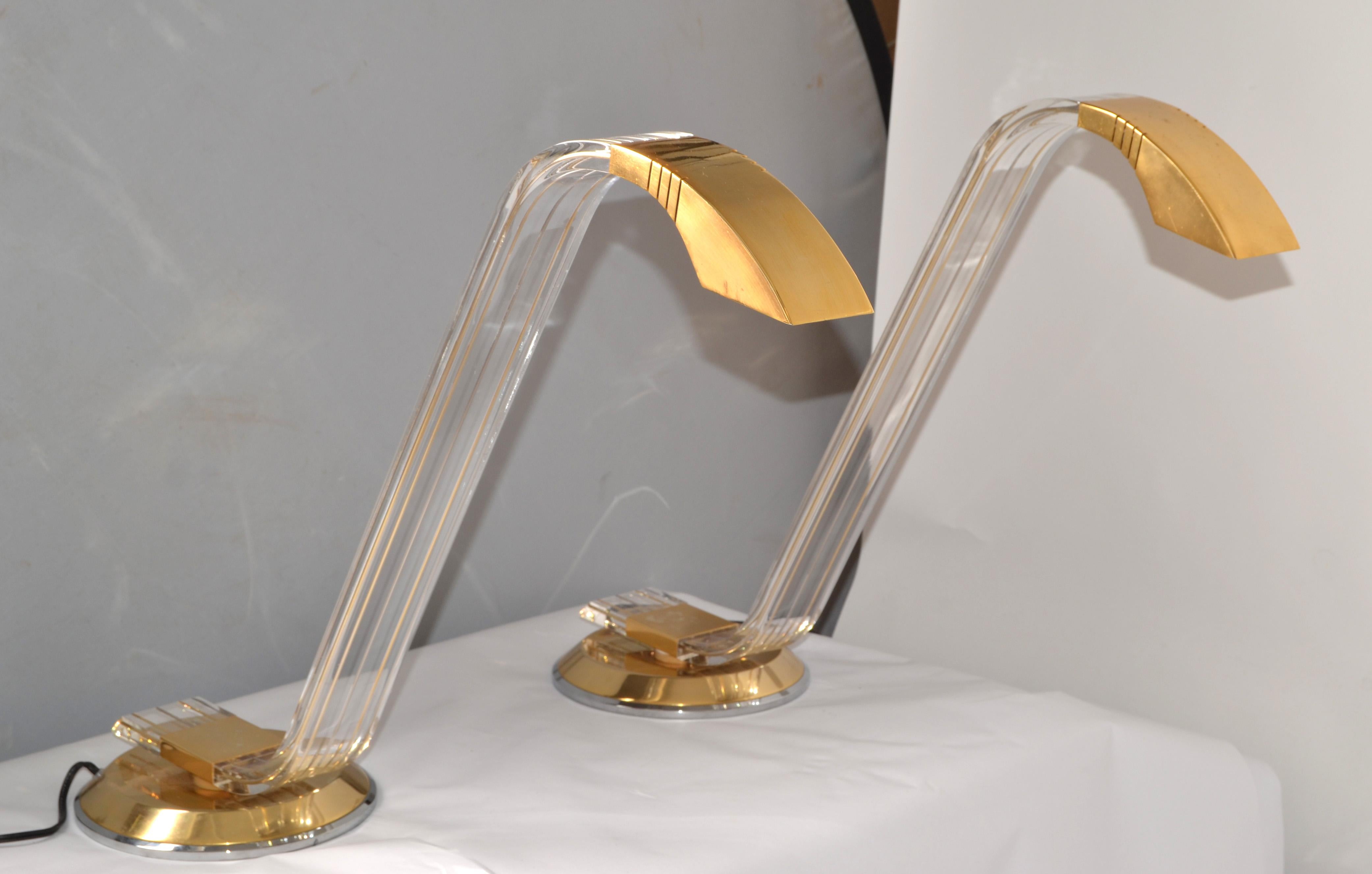 Hand-Crafted Pair Italian Arredoluce Style Mid-Century Modern Swing Brass Lucite Table Lamps  For Sale