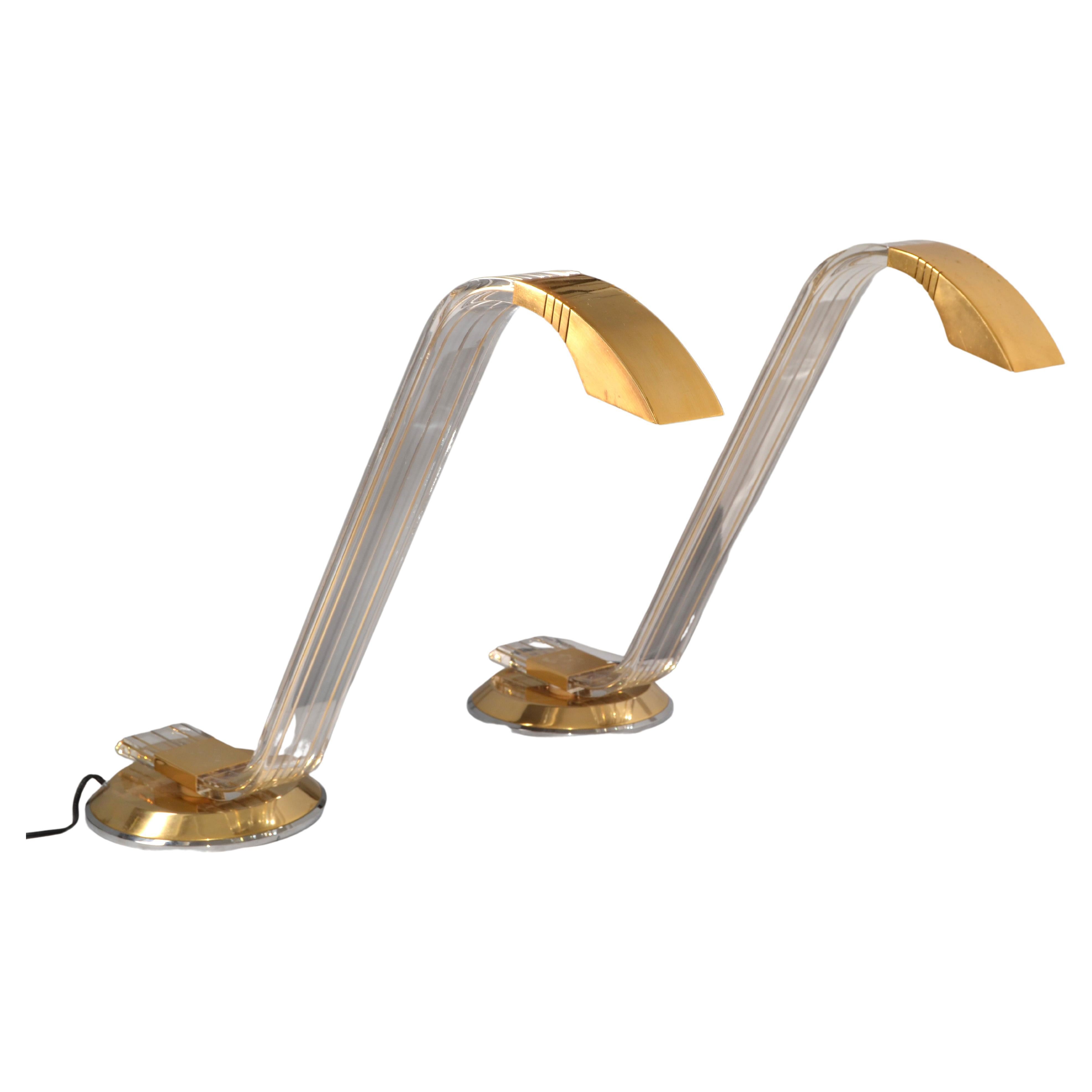 Pair Italian Arredoluce Style Mid-Century Modern Swing Brass Lucite Table Lamps  For Sale