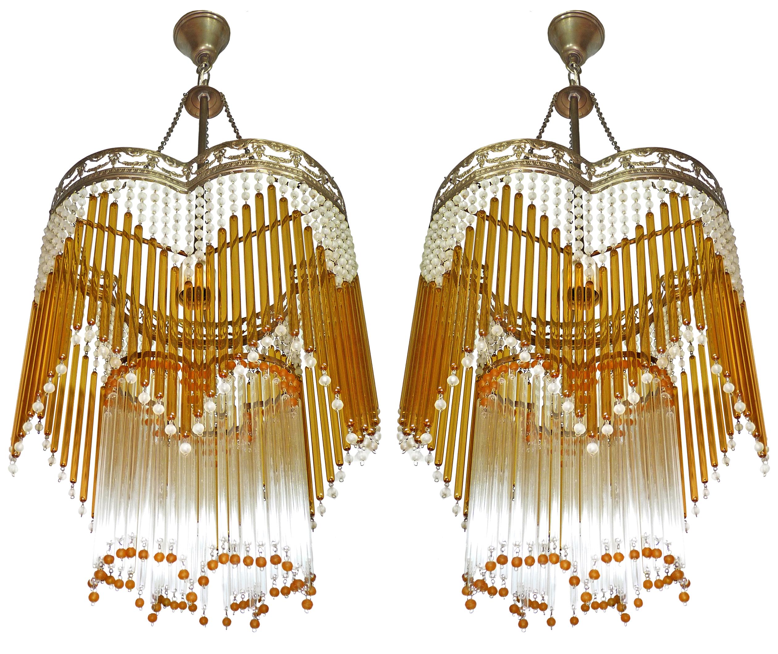 Italian Pair of Art Deco & Art Nouveau Amber Beaded Glass Fringe Murano Chandeliers