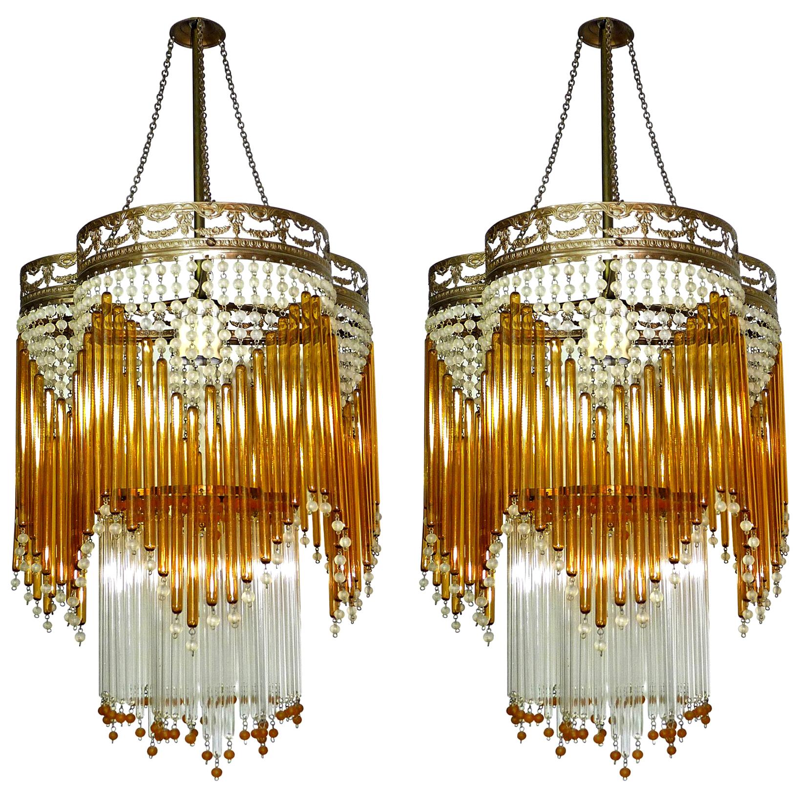 Pair of Art Deco & Art Nouveau Amber Beaded Glass Fringe Murano Chandeliers
