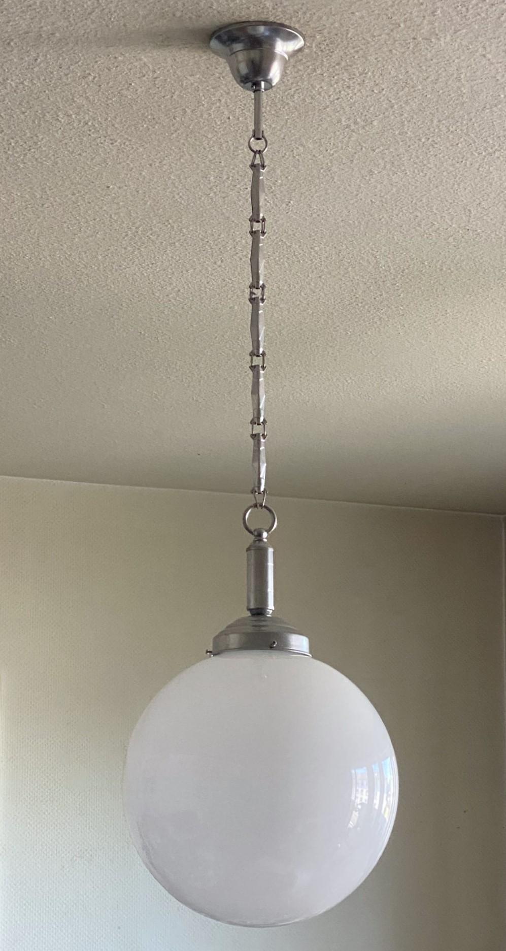20th Century Pair Italian Art Deco Hand Blown Opaline Glass Pendants, Chrome Finish Mounts For Sale