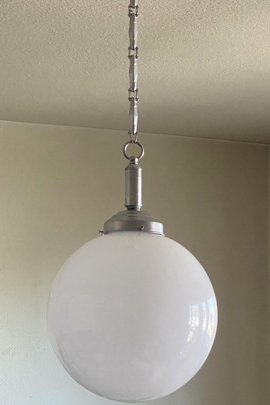 Brass Pair Italian Art Deco Hand Blown Opaline Glass Pendants, Chrome Finish Mounts For Sale
