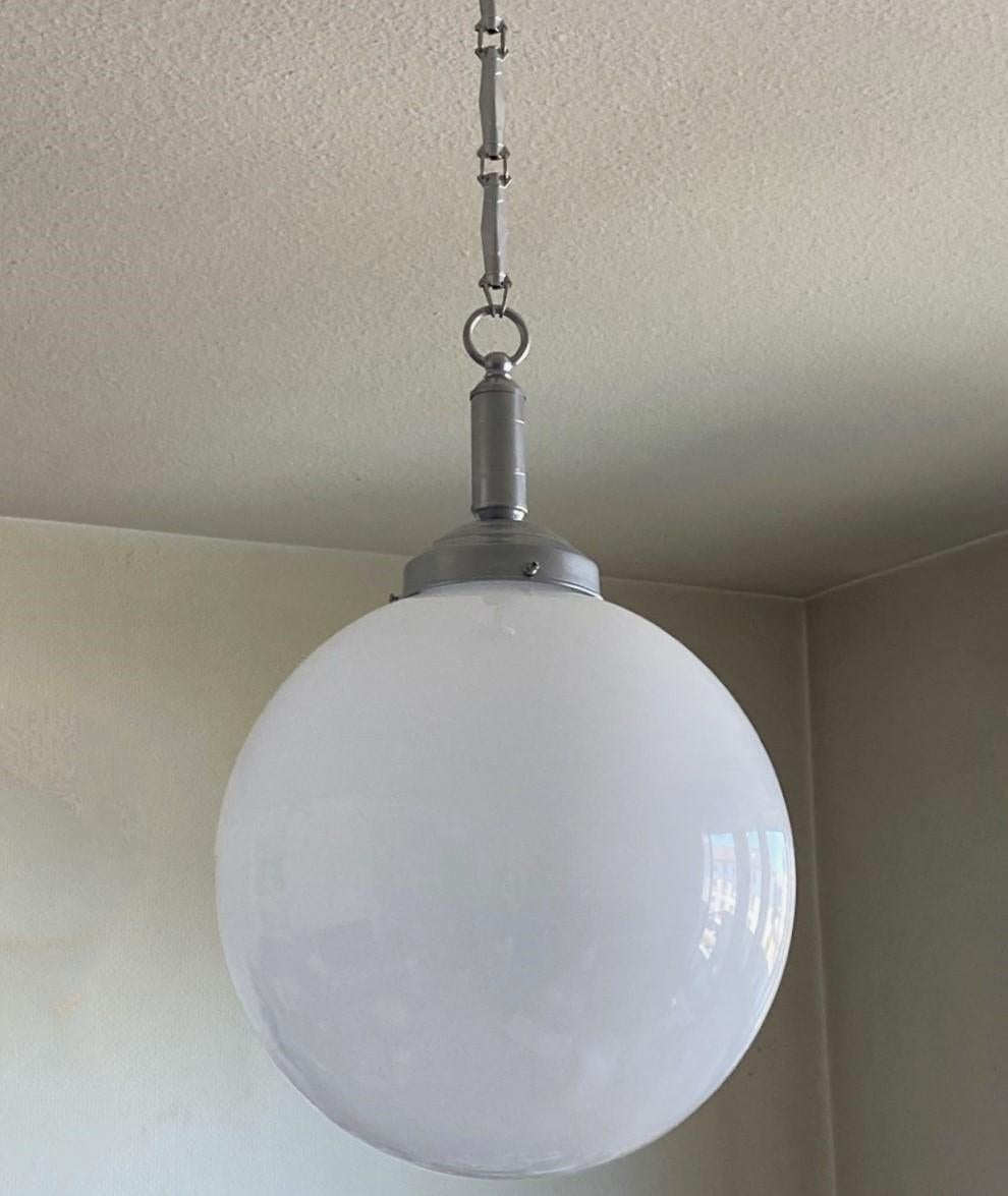 Pair Italian Art Deco Hand Blown Opaline Glass Pendants, Chrome Finish Mounts For Sale 1