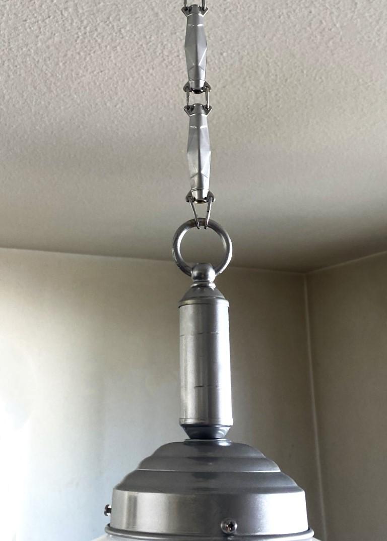 Pair Italian Art Deco Hand Blown Opaline Glass Pendants, Chrome Finish Mounts For Sale 3
