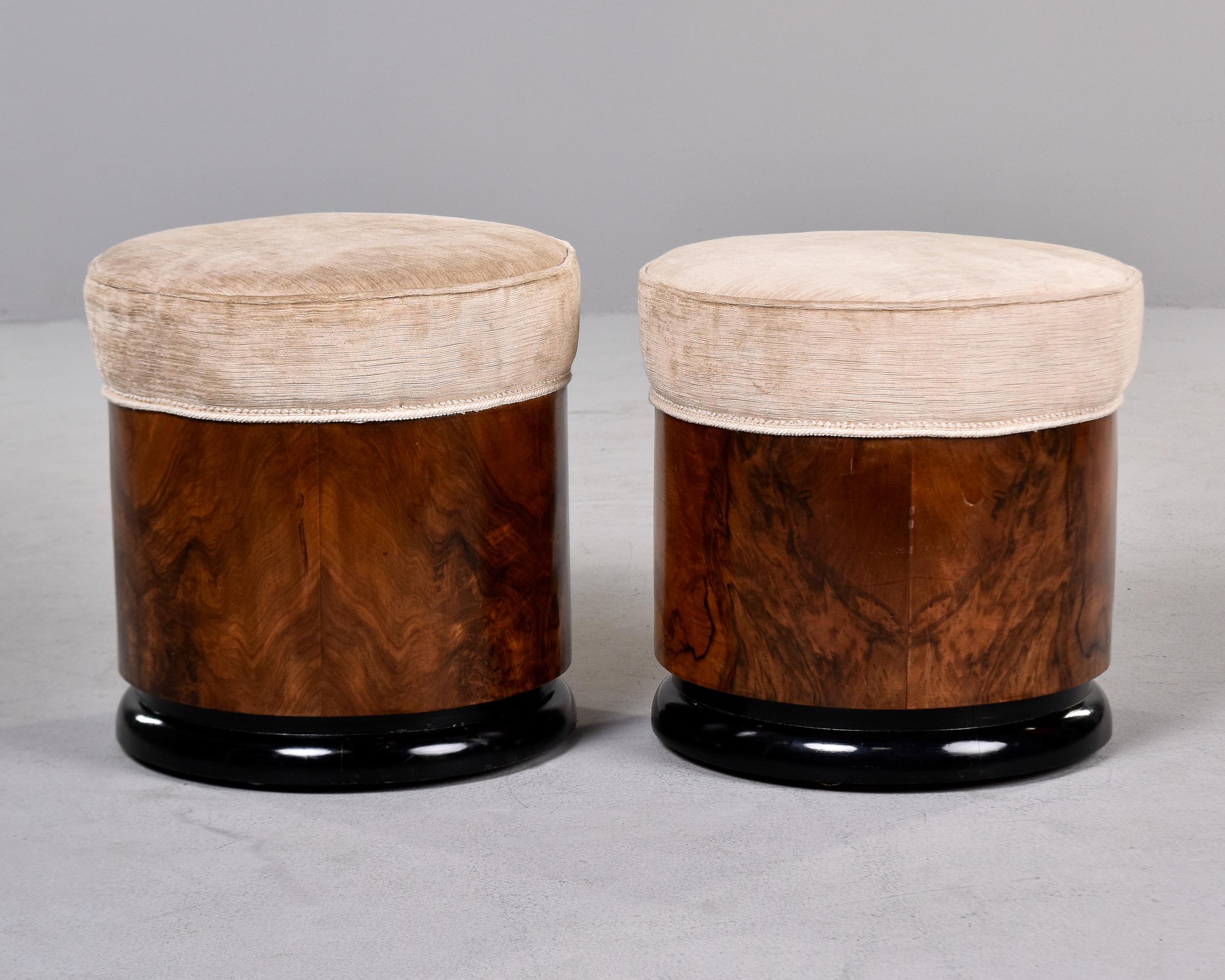 Upholstery Pair Italian Art Deco Walnut Stools with Upholstered Seats For Sale