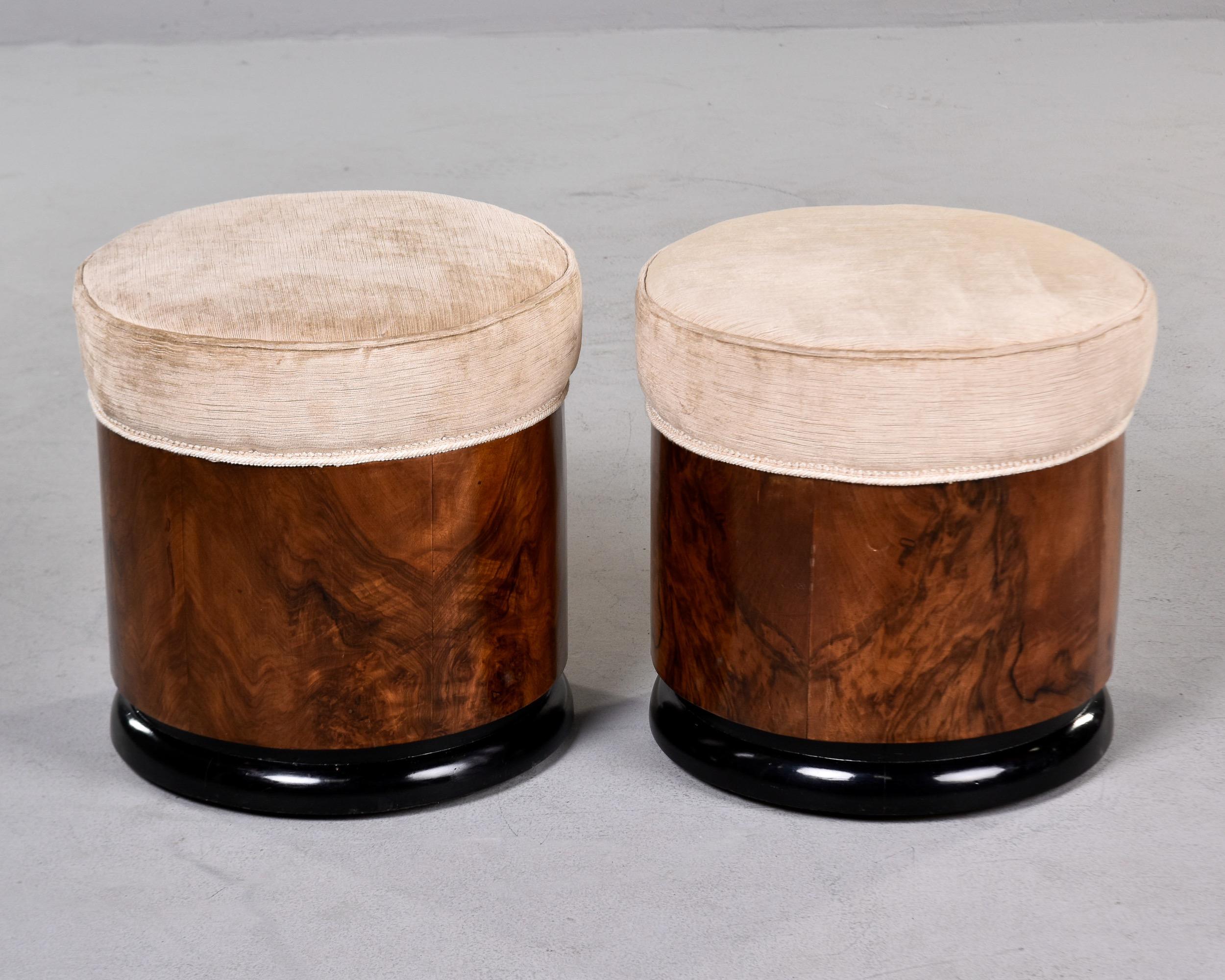 Pair Italian Art Deco Walnut Stools with Upholstered Seats For Sale 1