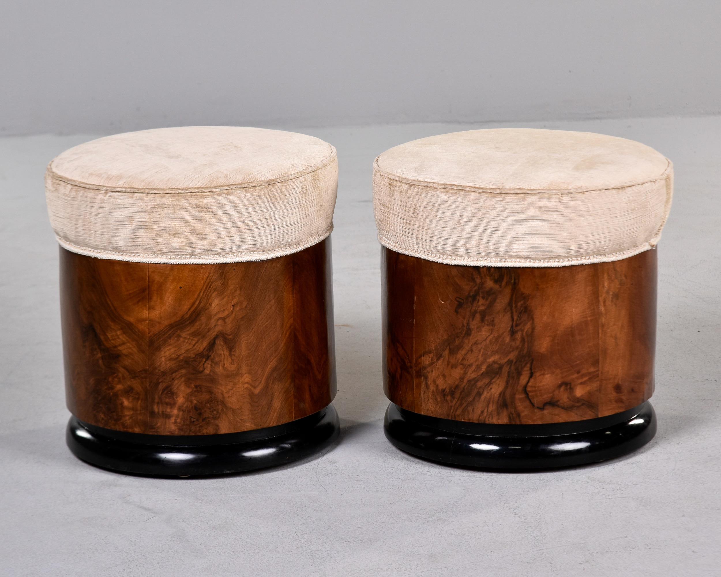 Pair Italian Art Deco Walnut Stools with Upholstered Seats For Sale 2