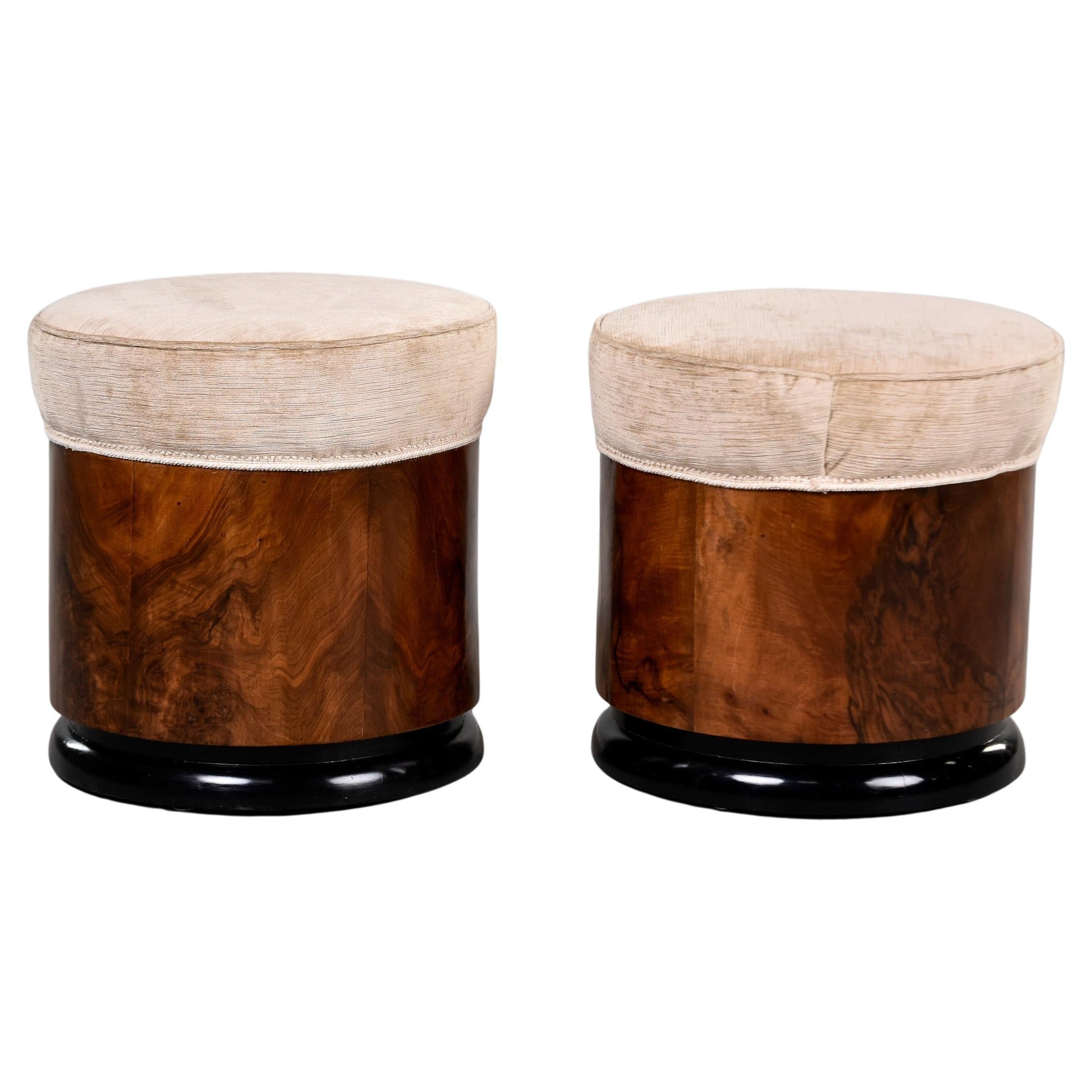 Pair Italian Art Deco Walnut Stools with Upholstered Seats For Sale