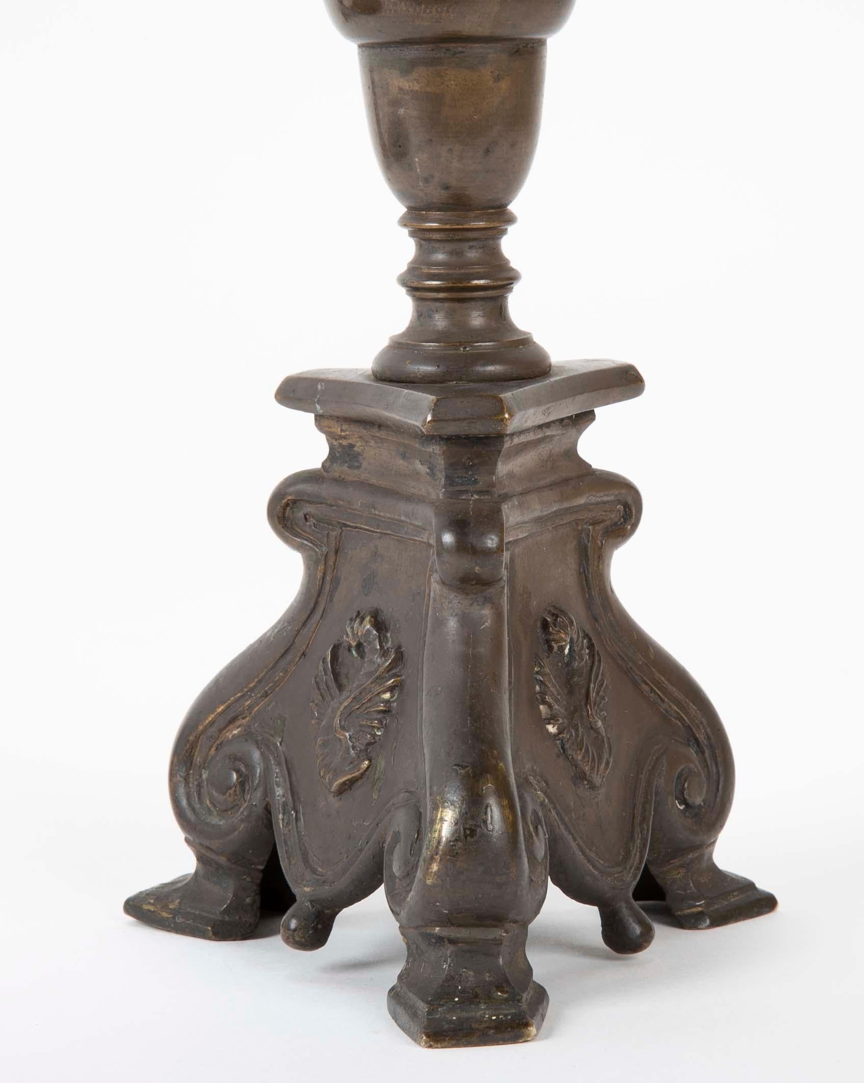 Pair of Italian Baroque Bronze Candlesticks In Good Condition In Stamford, CT