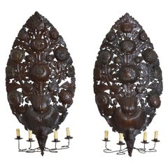 Antique Pair Italian Baroque Large Copper and Iron 4-Light Wall Sconces, 17th/  18th Cen