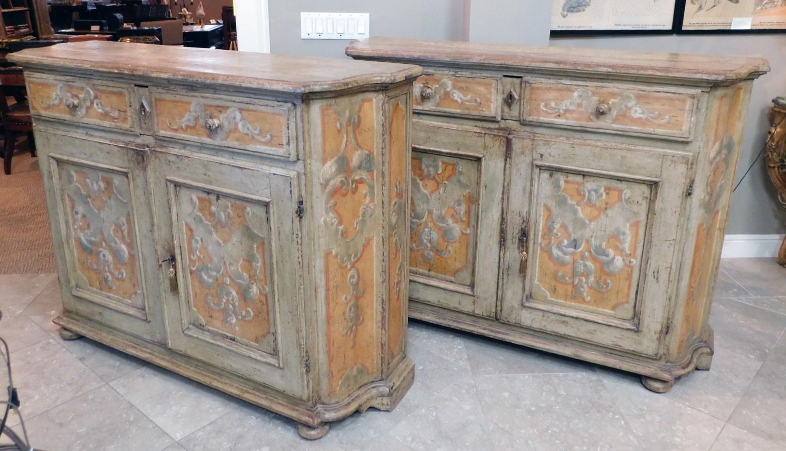 Mid-18th Century Pair of Italian Baroque Polychrome Painted Credenzas