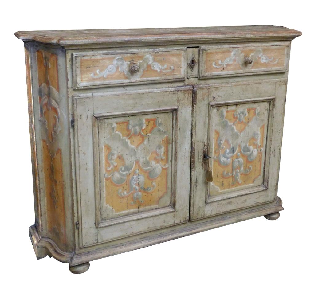 Wood Pair of Italian Baroque Polychrome Painted Credenzas