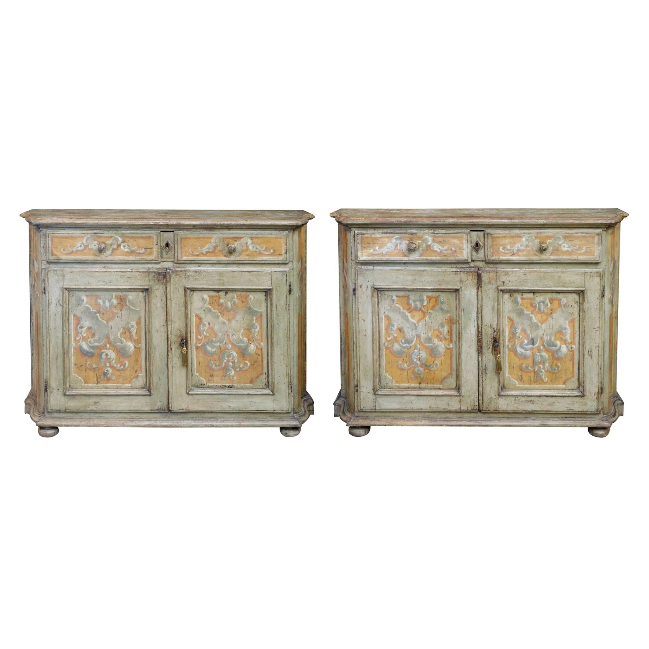 Pair of Italian Baroque Polychrome Painted Credenzas
